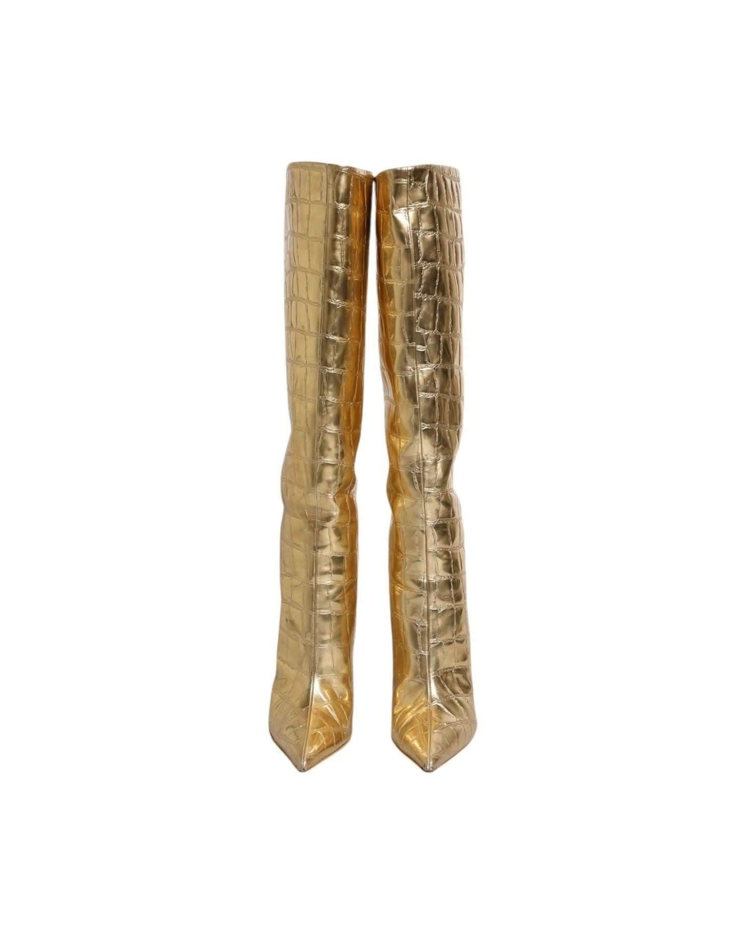 Dolce & Gabbana Gold Leather Stiletto Heels High Boots Shoes Boots