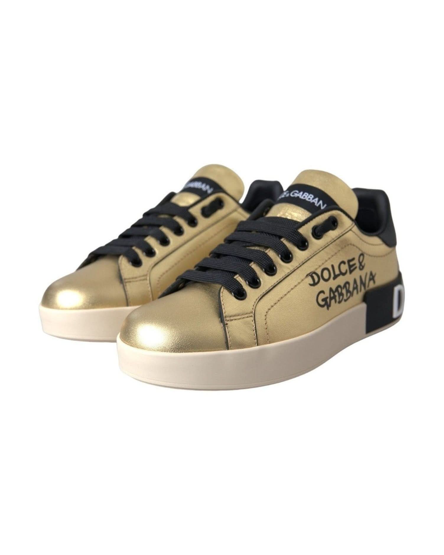 Dolce & Gabbana Gold Portofino Calf Leather Sneakers Women Shoes Sneakers