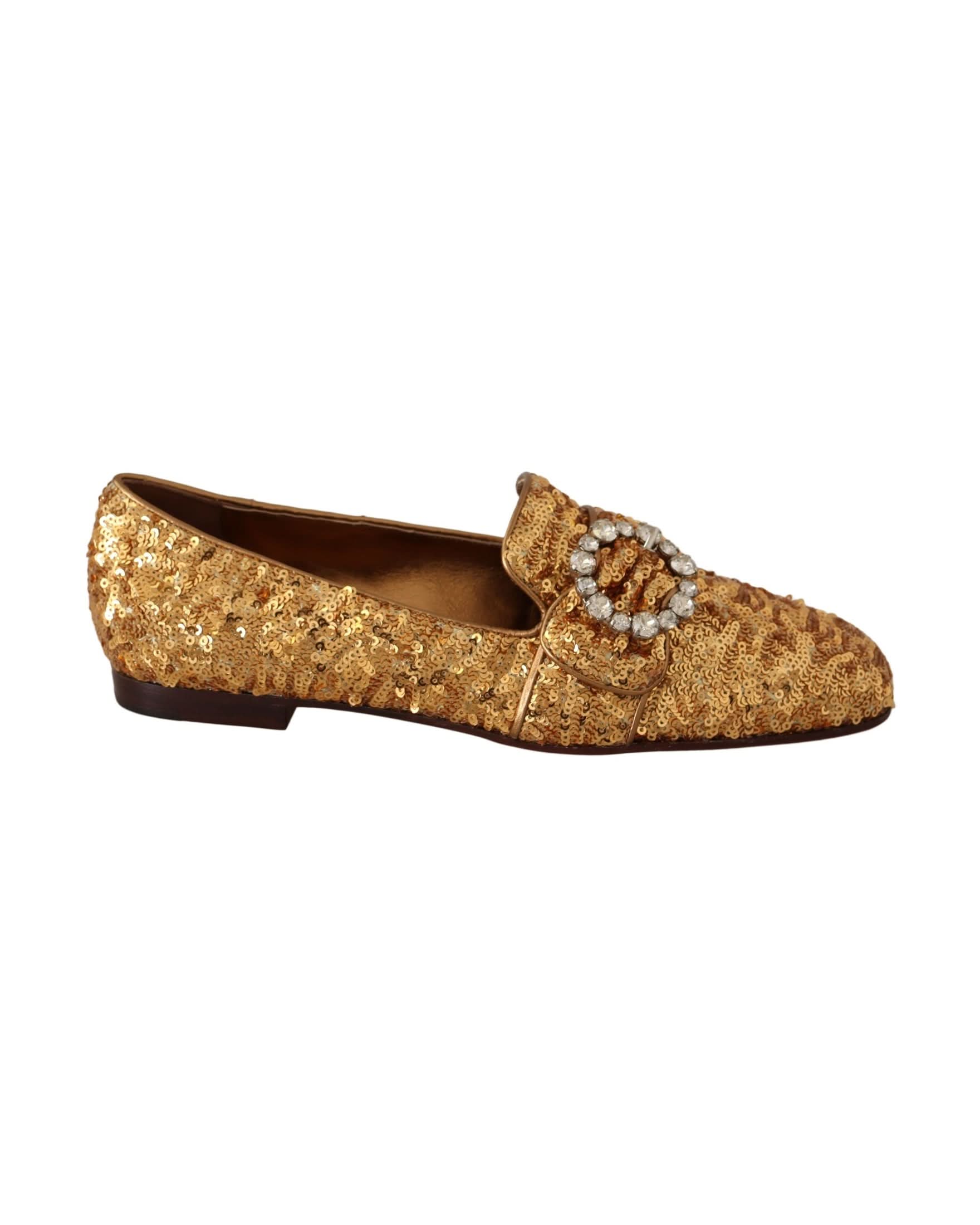 Dolce & Gabbana Gold Sequin Crystal Flat Loafers Shoes Flats