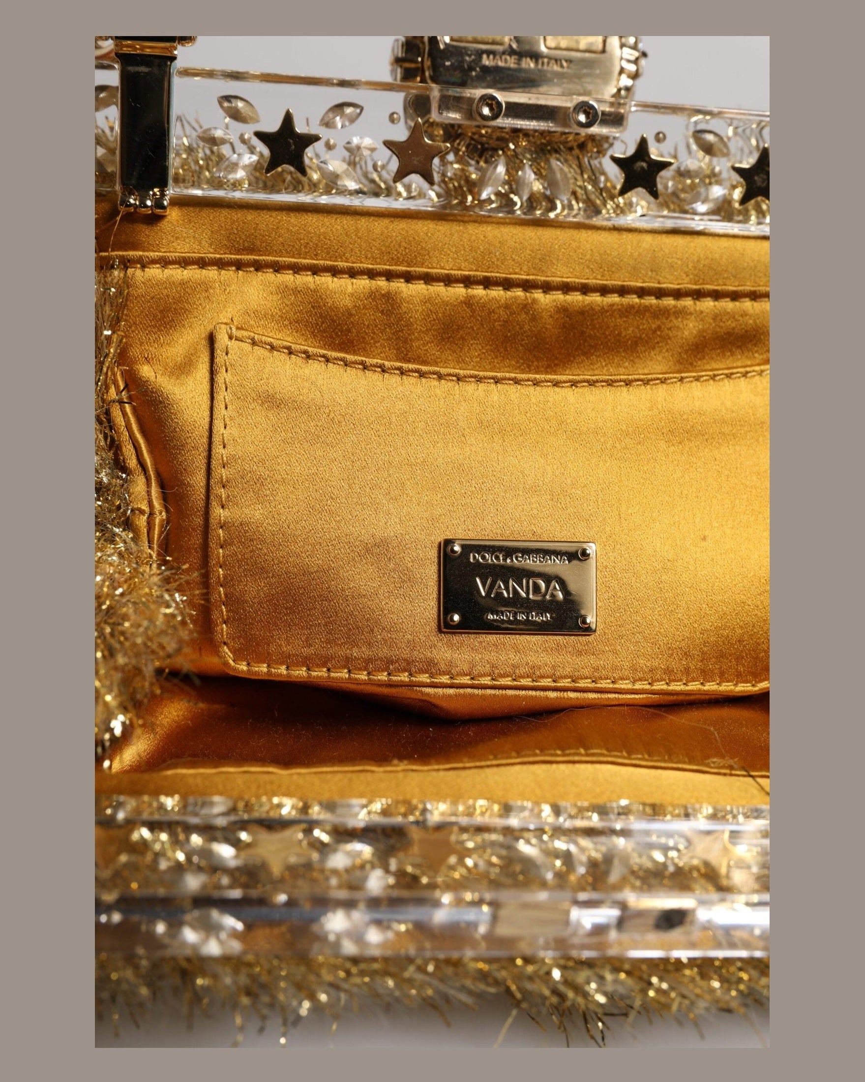 Dolce & Gabbana Gold Vanda Chain Strap Tinsel Crystal Evening Clutch Bag Glam Steals