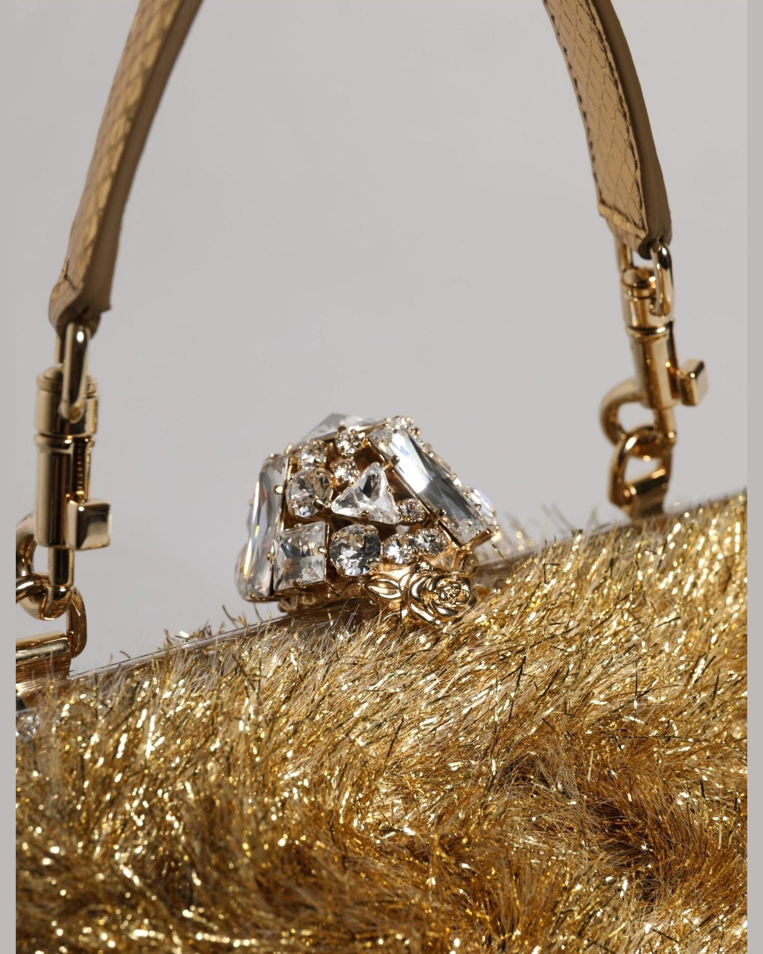 Dolce & Gabbana Gold Vanda Chain Strap Tinsel Crystal Evening Clutch Bag Glam Steals