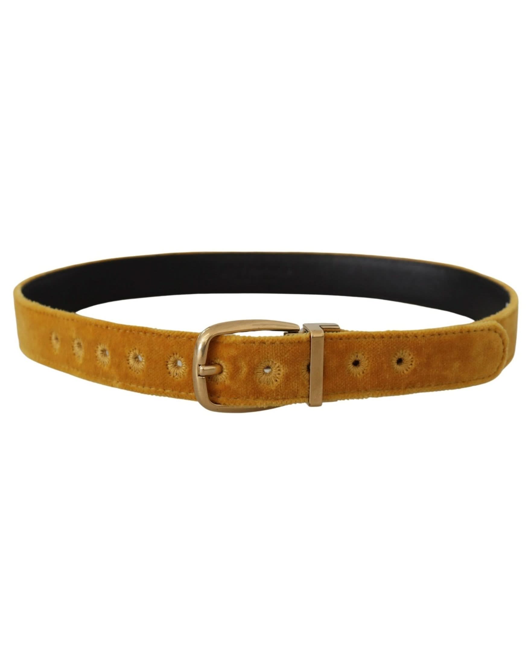 Dolce & Gabbana Gold Velvet Mustard Logo Engraved Metal Buckle Belt Belts