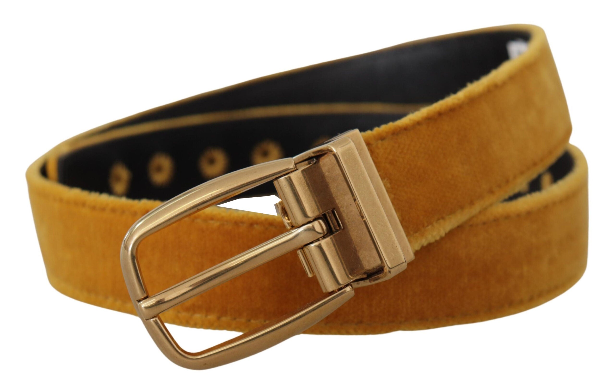 Dolce & Gabbana Gold Velvet Mustard Logo Engraved Metal Buckle Belt Glam Steals