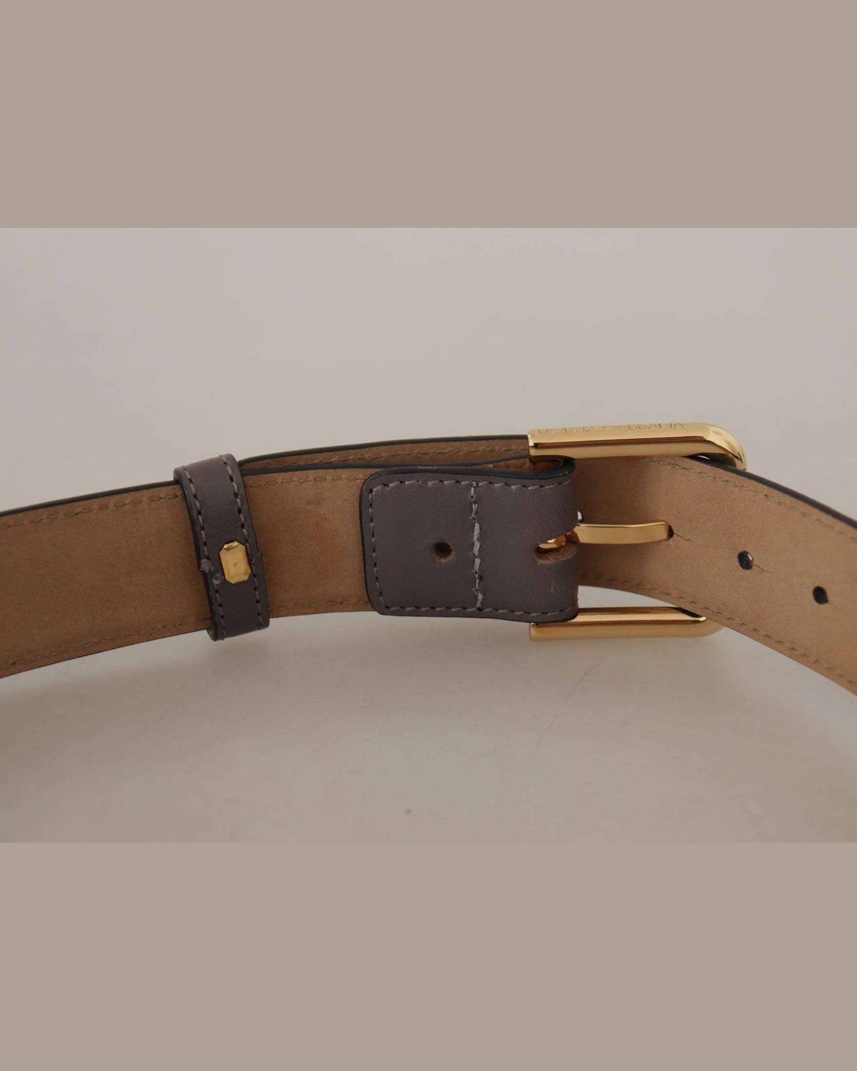 Dolce & Gabbana Gray Leather Calfskin Gold Metal Logo Buckle Belt Belts