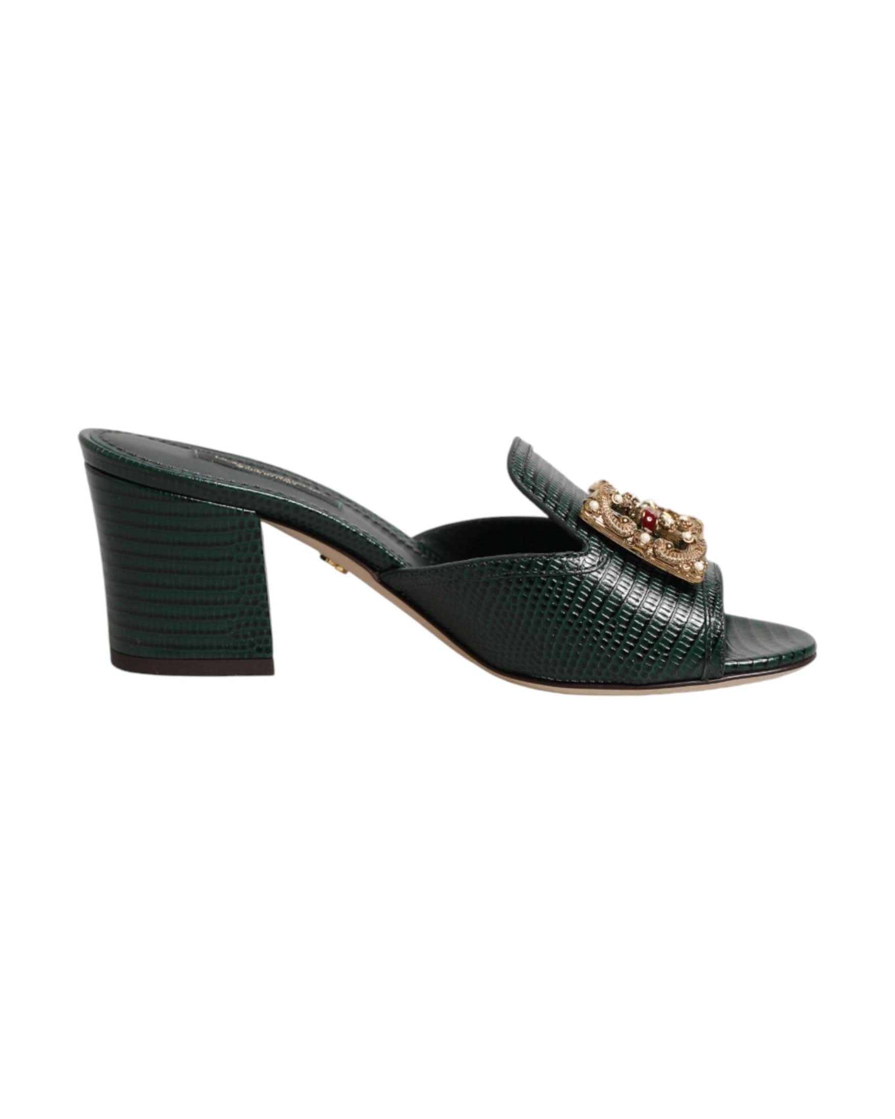 Dolce & Gabbana Green Amore Heel Slides Sandals Heels