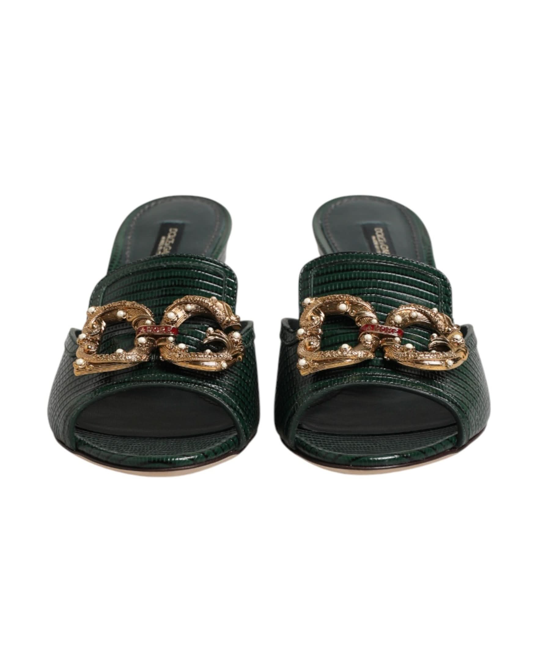 Dolce & Gabbana Green Amore Heel Slides Sandals Heels