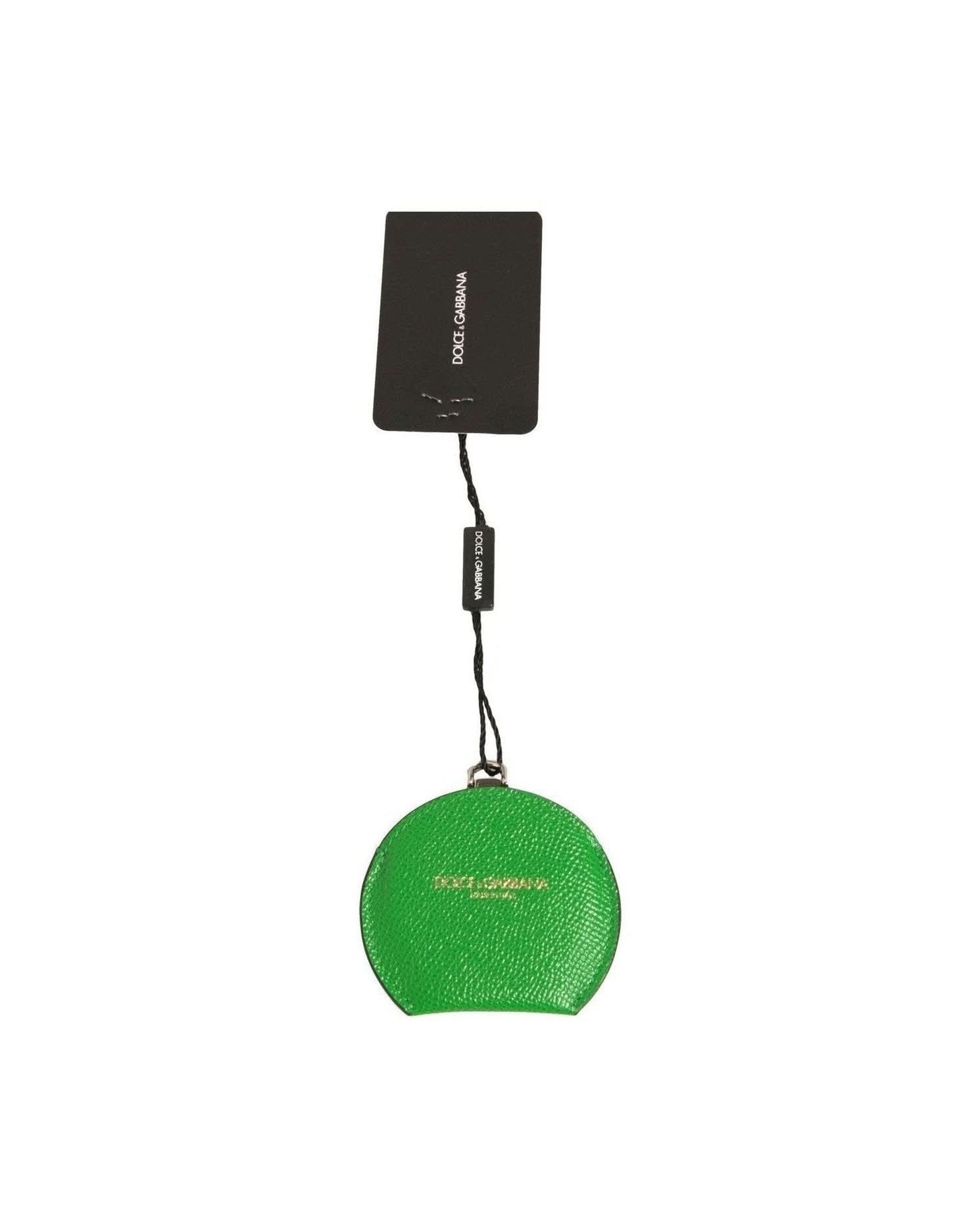 Dolce & Gabbana Green Calfskin Leather Round Logo Hand Mirror Holder Face Mirrors