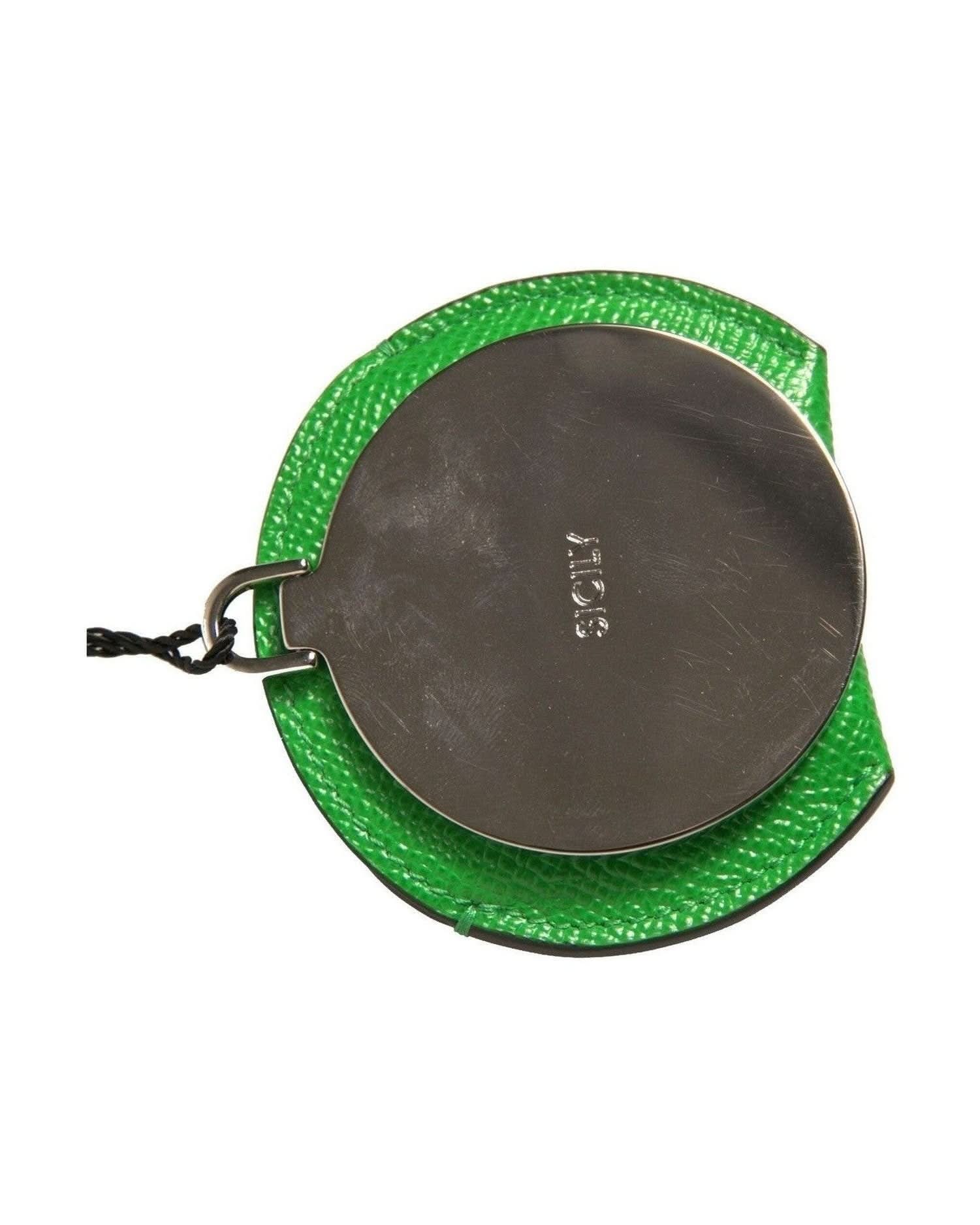 Dolce & Gabbana Green Calfskin Leather Round Logo Hand Mirror Holder Face Mirrors