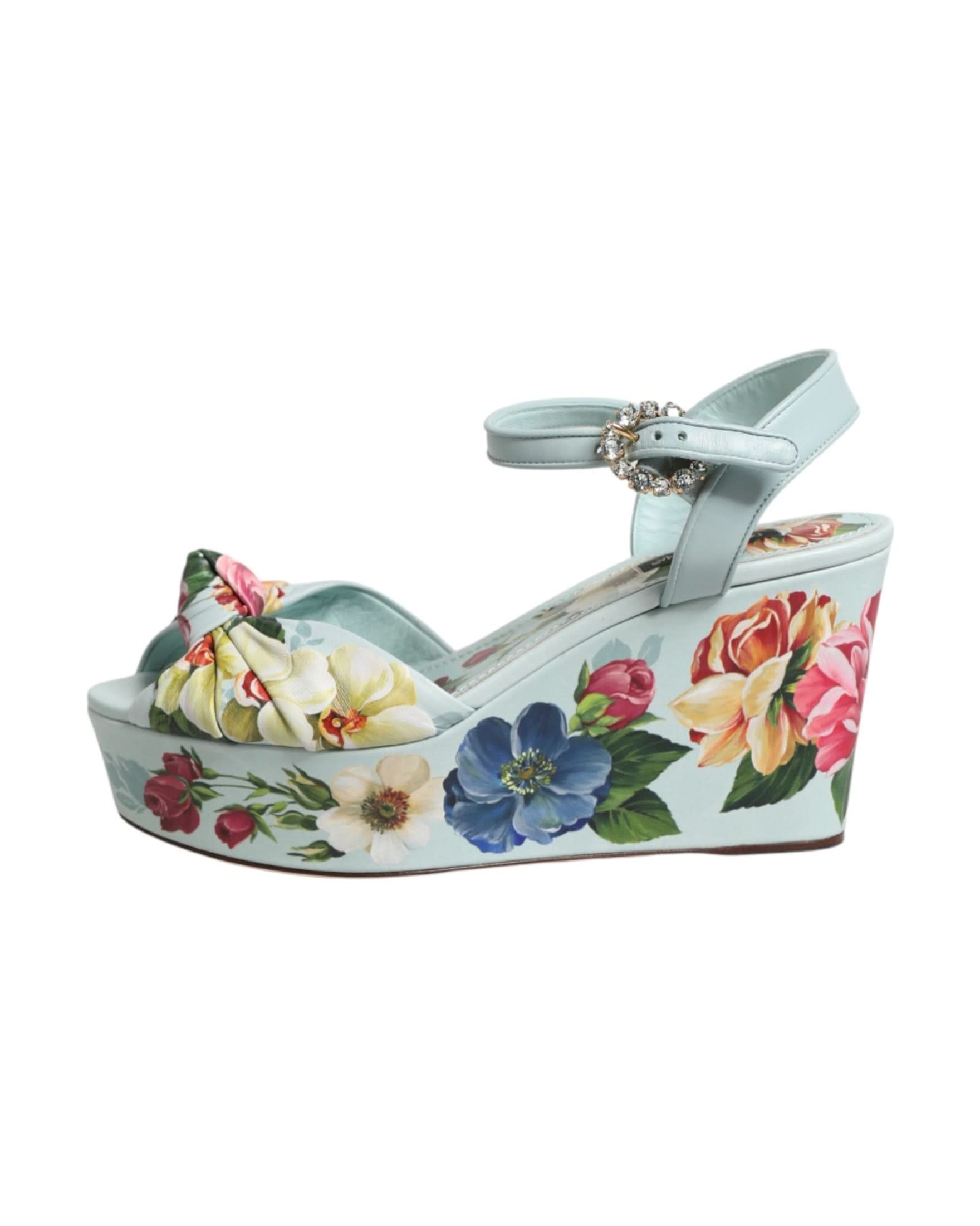 Dolce & Gabbana Green Floral Ankle Strap Wedge Heels