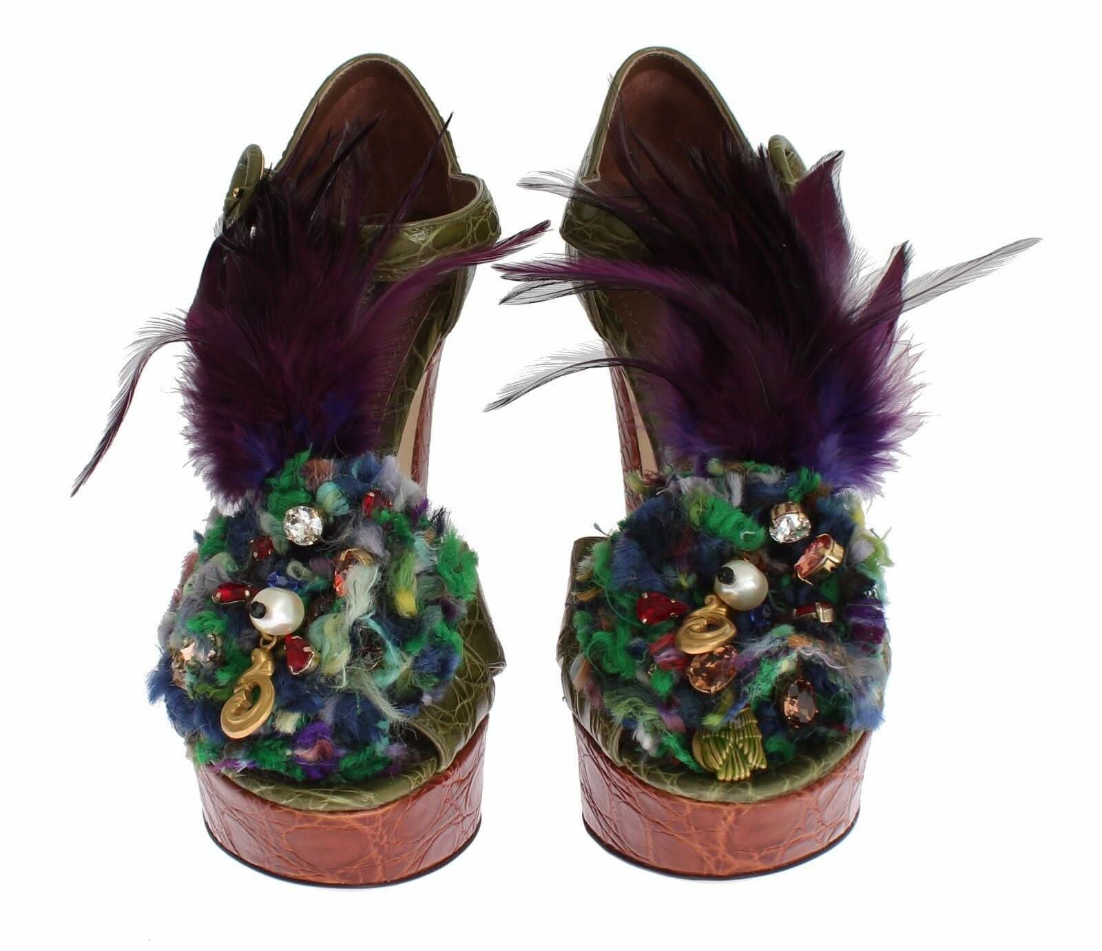 Dolce & Gabbana Green Leather Crystal Platform Sandals Heels