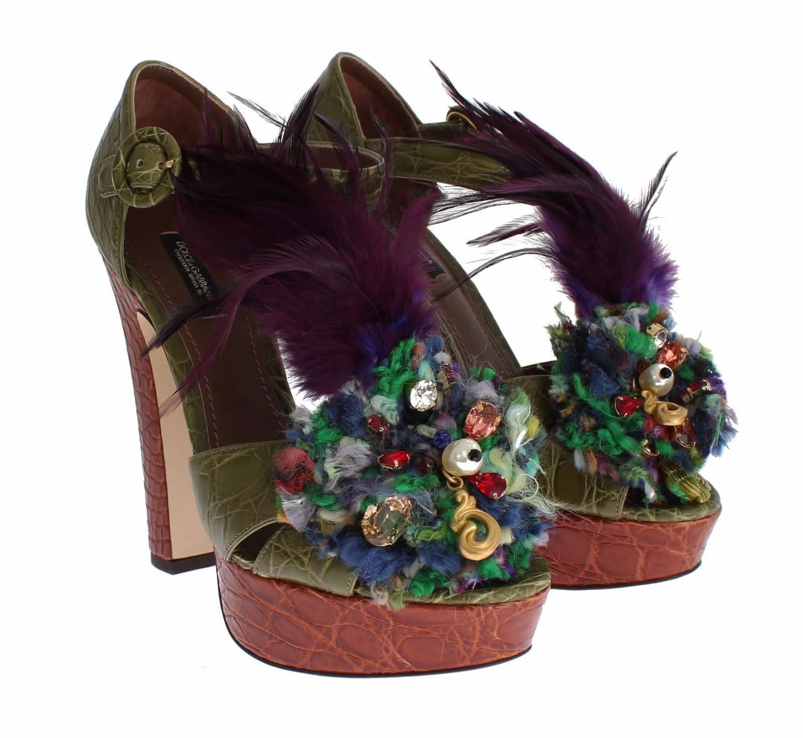 Dolce & Gabbana Green Leather Crystal Platform Sandals Heels