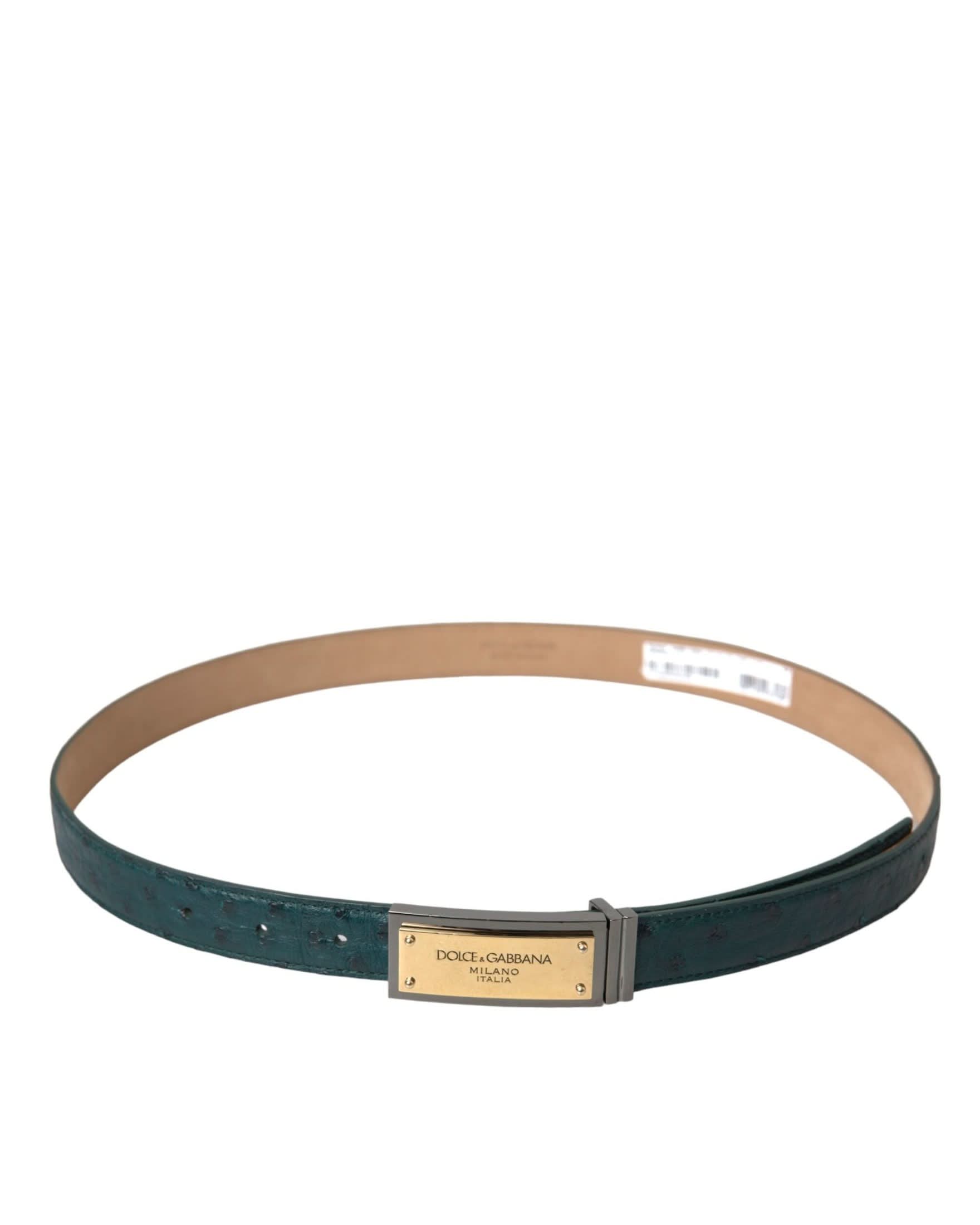 Dolce & Gabbana Green Leather Gold Logo Engraved Buckle Belt Belts