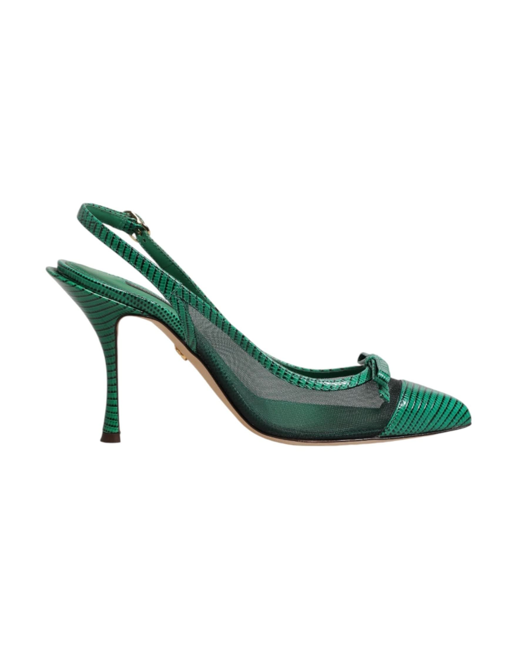 Dolce & Gabbana Green Leather Mesh Heels Slingback Shoes Heels