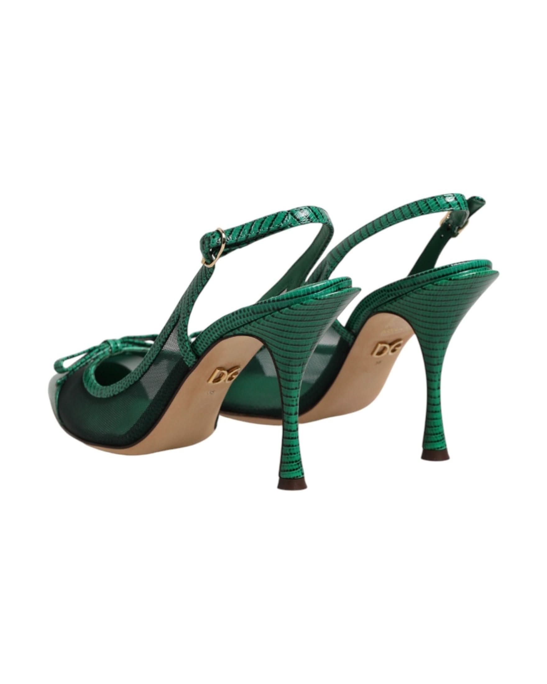 Dolce & Gabbana Green Leather Mesh Heels Slingback Shoes Heels