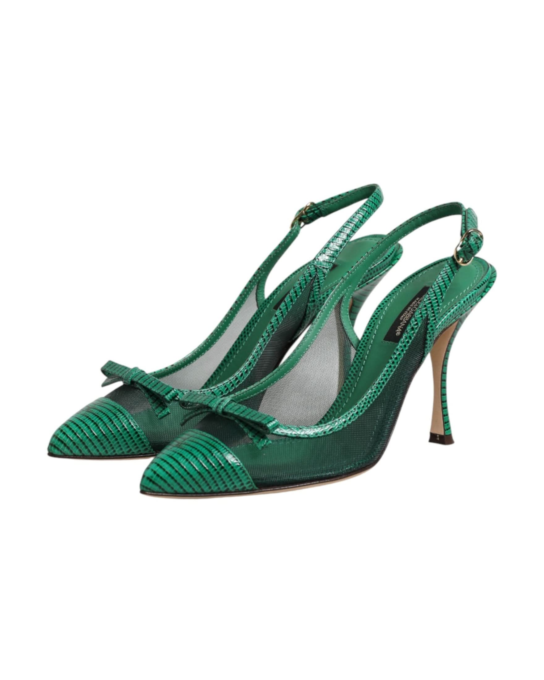 Dolce & Gabbana Green Leather Mesh Heels Slingback Shoes Heels