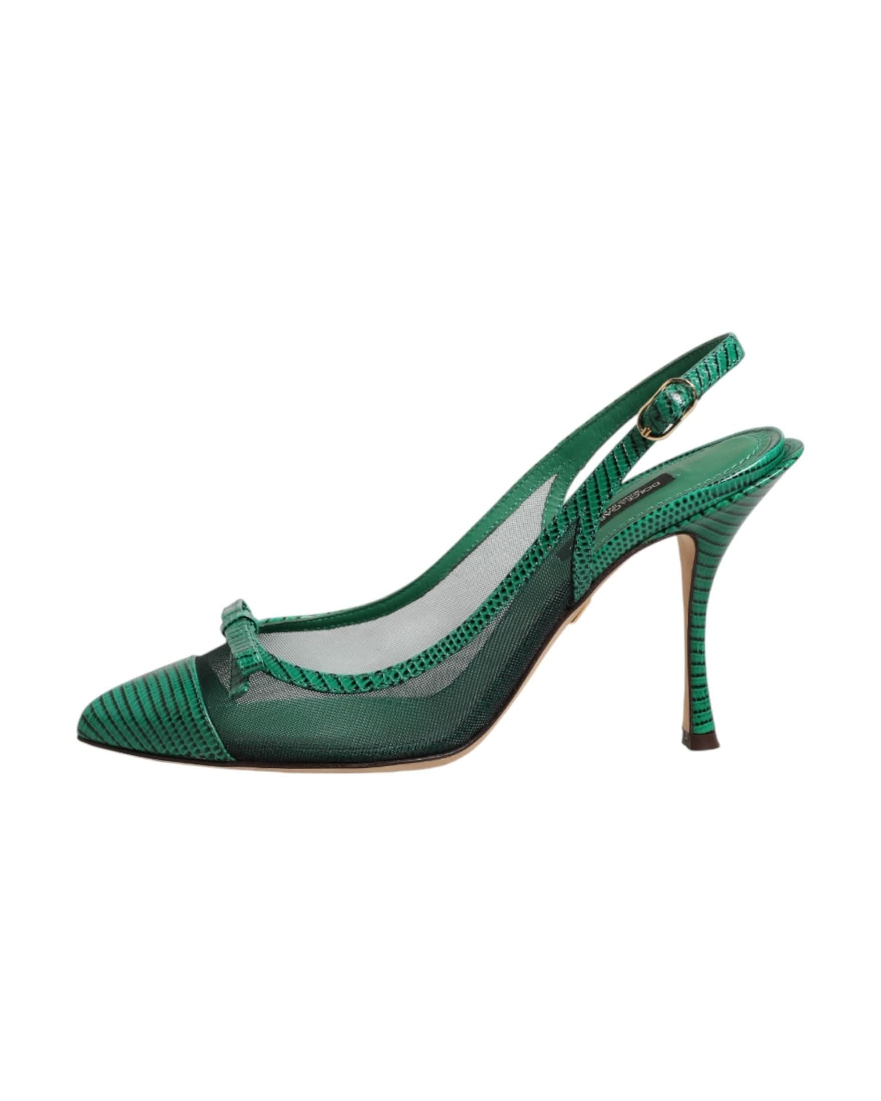 Dolce & Gabbana Green Leather Mesh Heels Slingback Shoes Heels