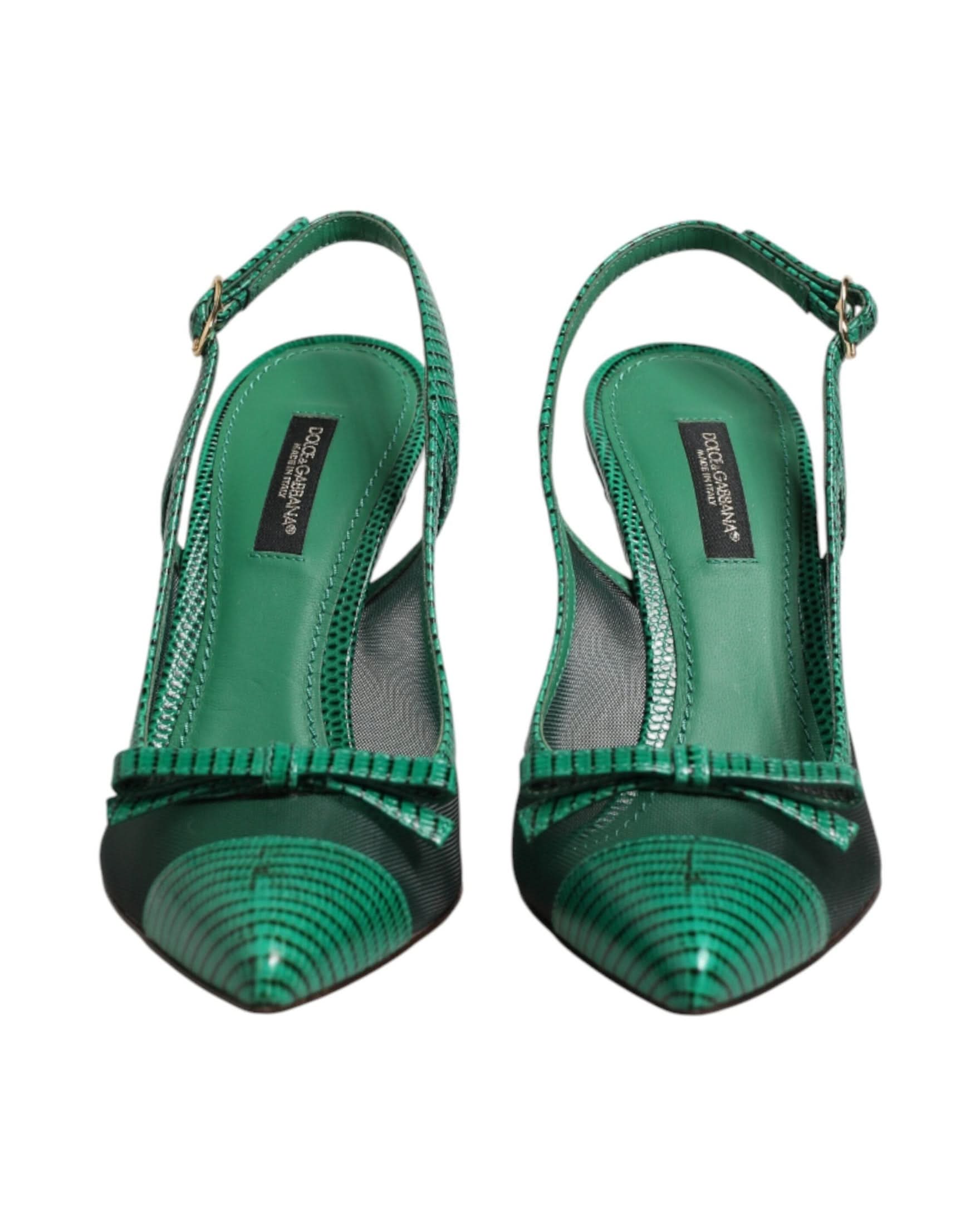 Dolce & Gabbana Green Leather Mesh Heels Slingback Shoes Heels