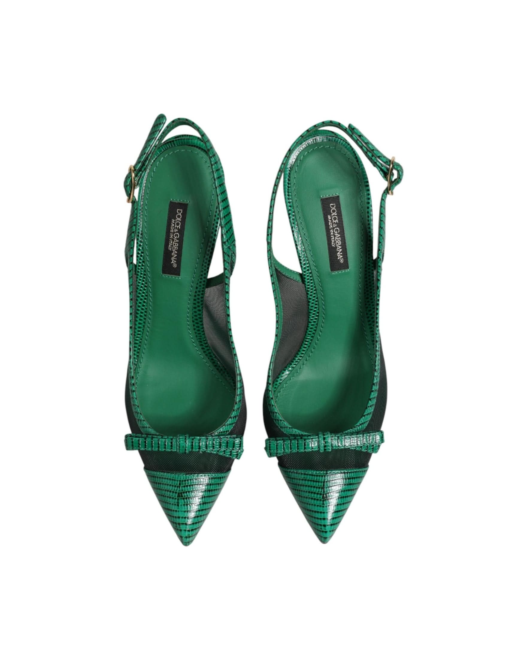 Dolce & Gabbana Green Leather Mesh Heels Slingback Shoes Heels