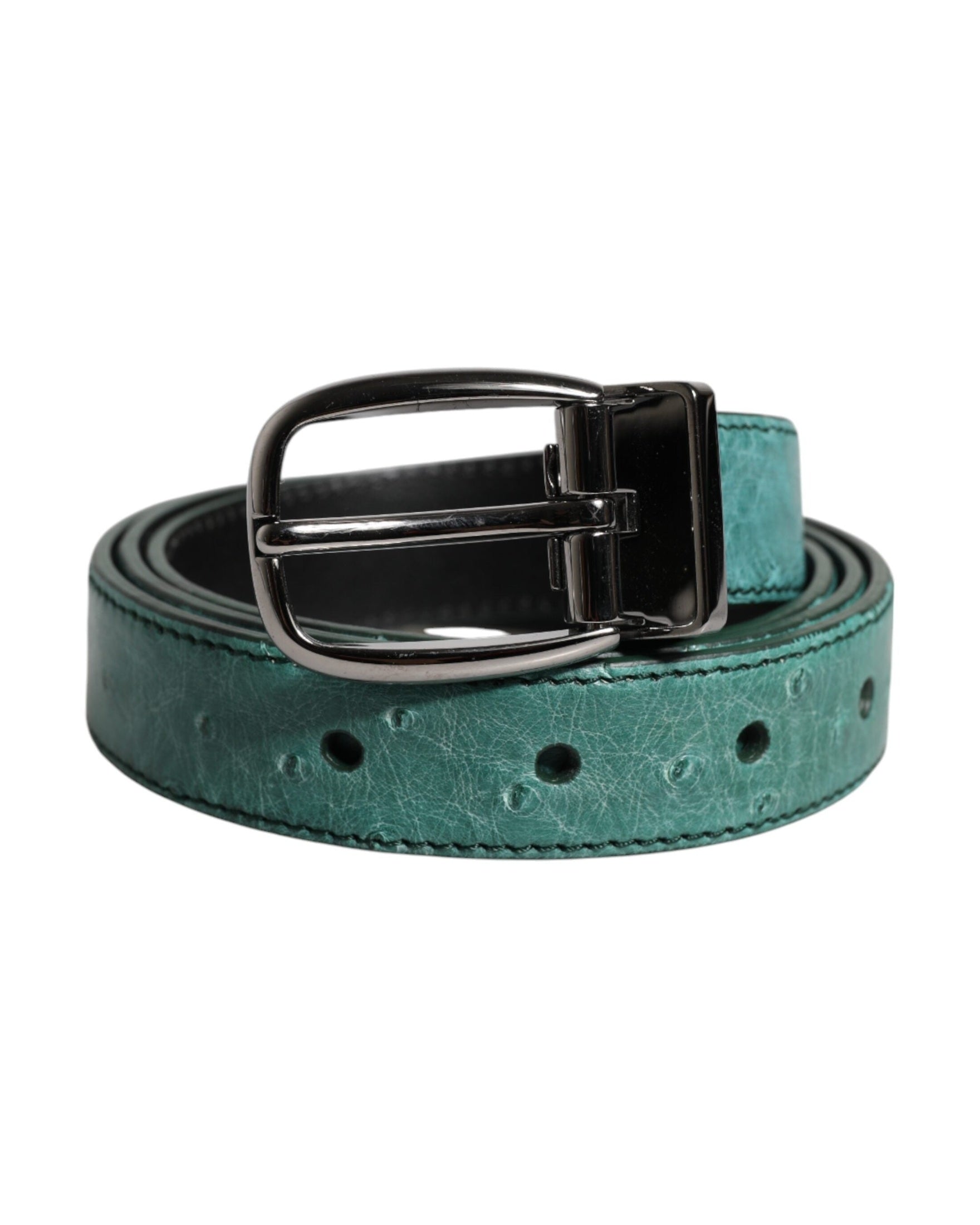Dolce & Gabbana Green Leather Ostrich Silver Metal Buckle Belt Glam Steals
