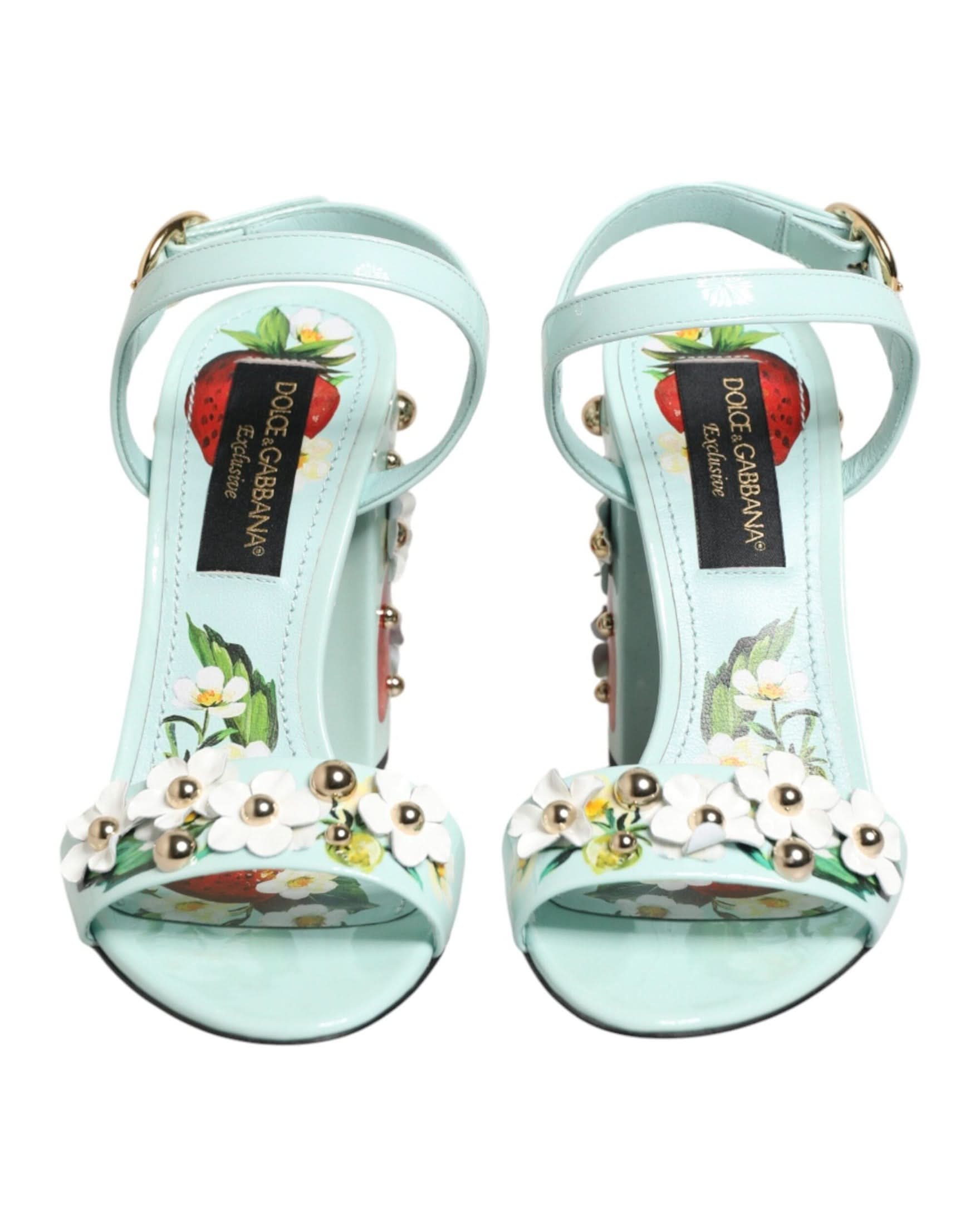 Dolce & Gabbana Green Mint Floral Studs Heels Sandals Shoes Sandals