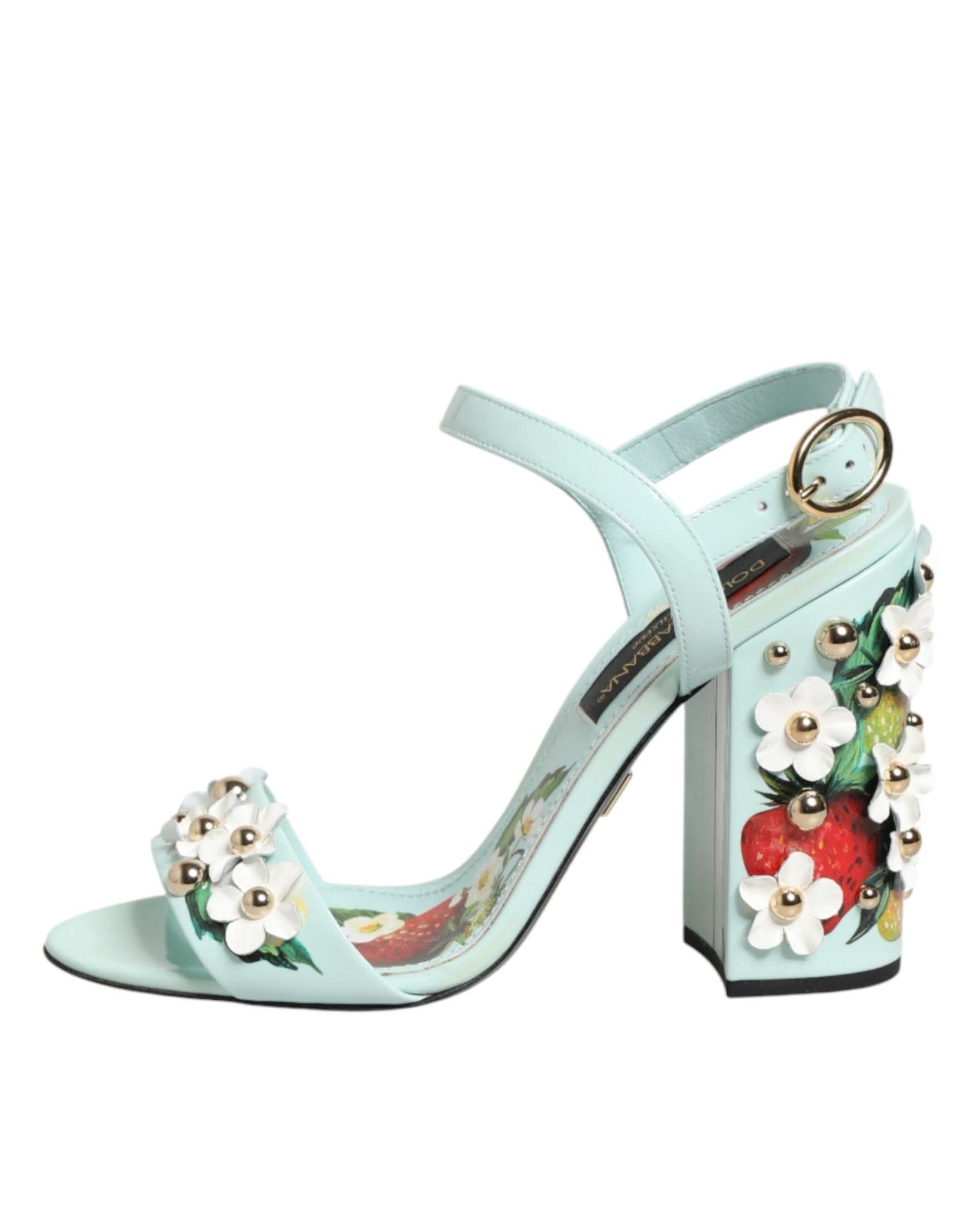 Dolce & Gabbana Green Mint Floral Studs Heels Sandals Shoes Sandals