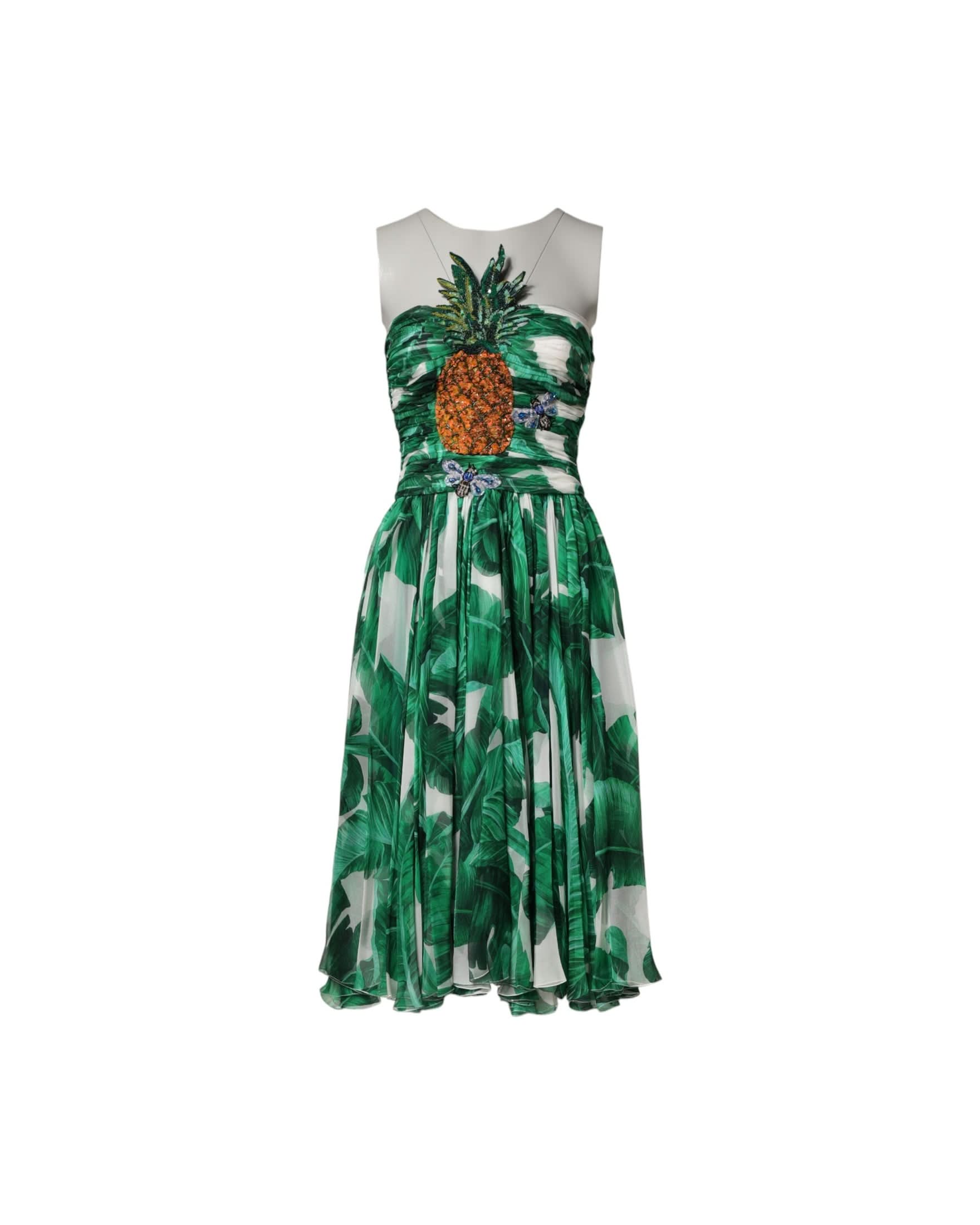 Dolce & Gabbana Green Pineapple Embellished Bananaleaf Dress Dresses