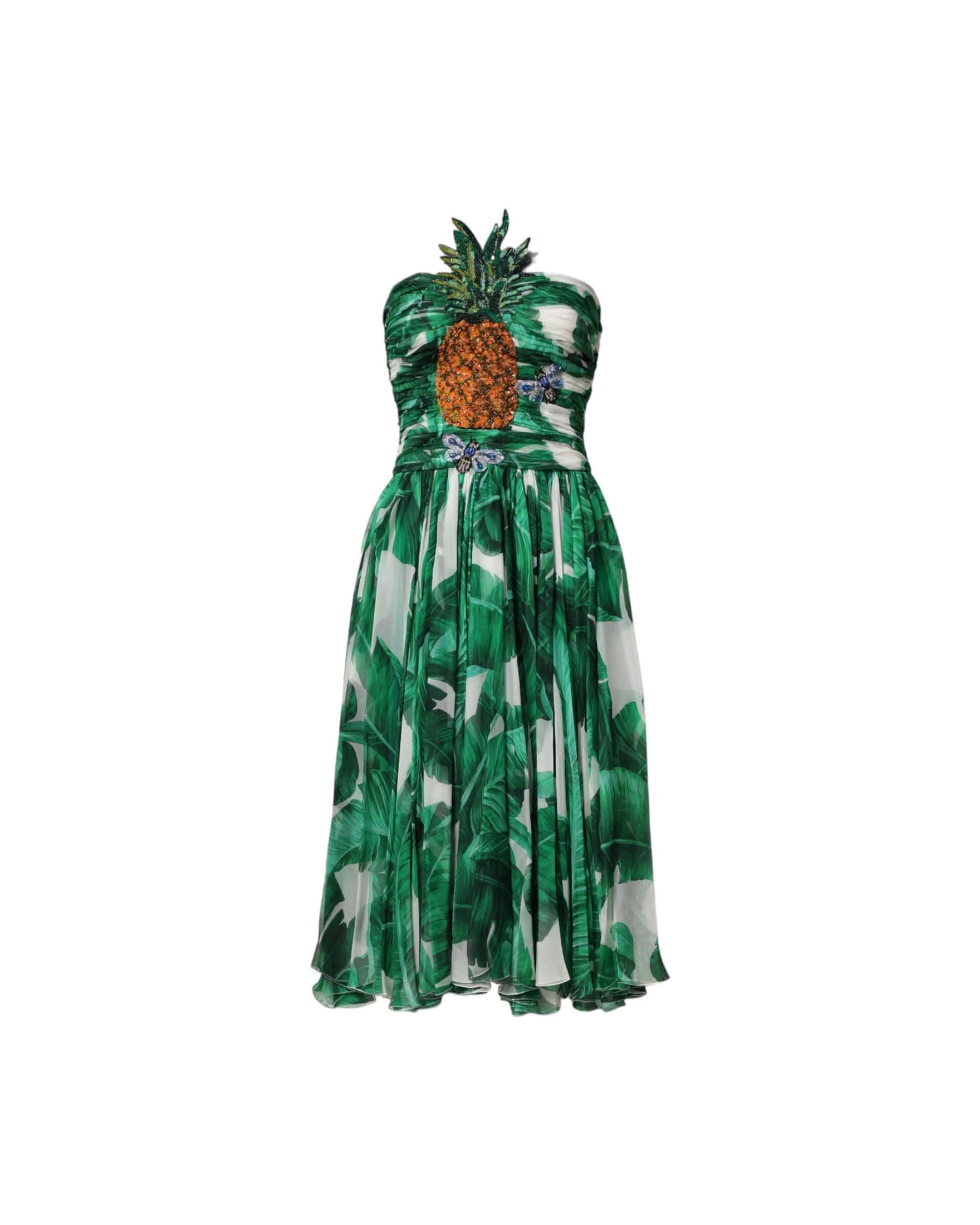 Dolce & Gabbana Green Pineapple Embellished Bananaleaf Dress Dresses