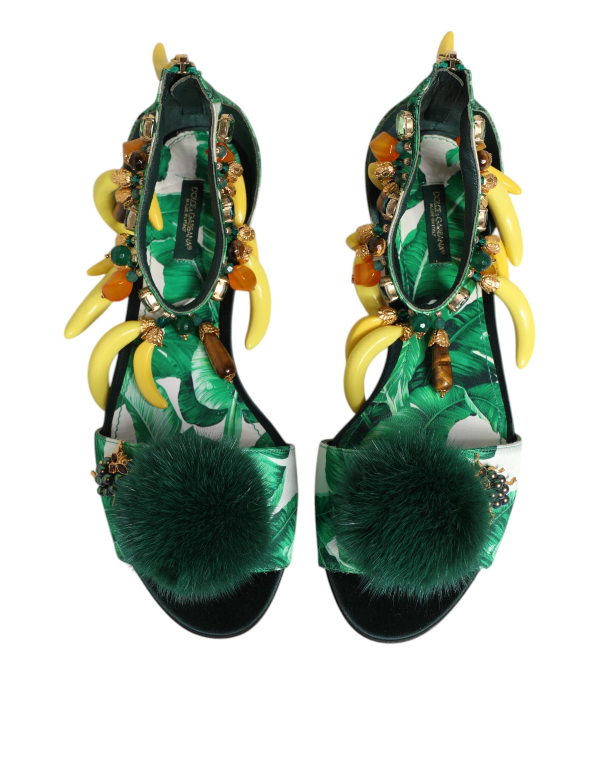 Dolce & Gabbana Green Satin Mink Fur Banana Leaf Sandals Shoes Glam Steals