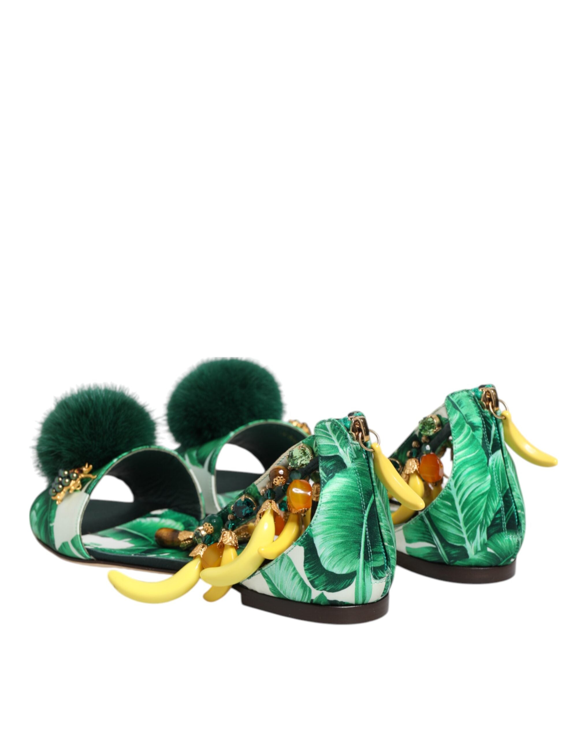 Dolce & Gabbana Green Satin Mink Fur Banana Leaf Sandals Shoes Glam Steals