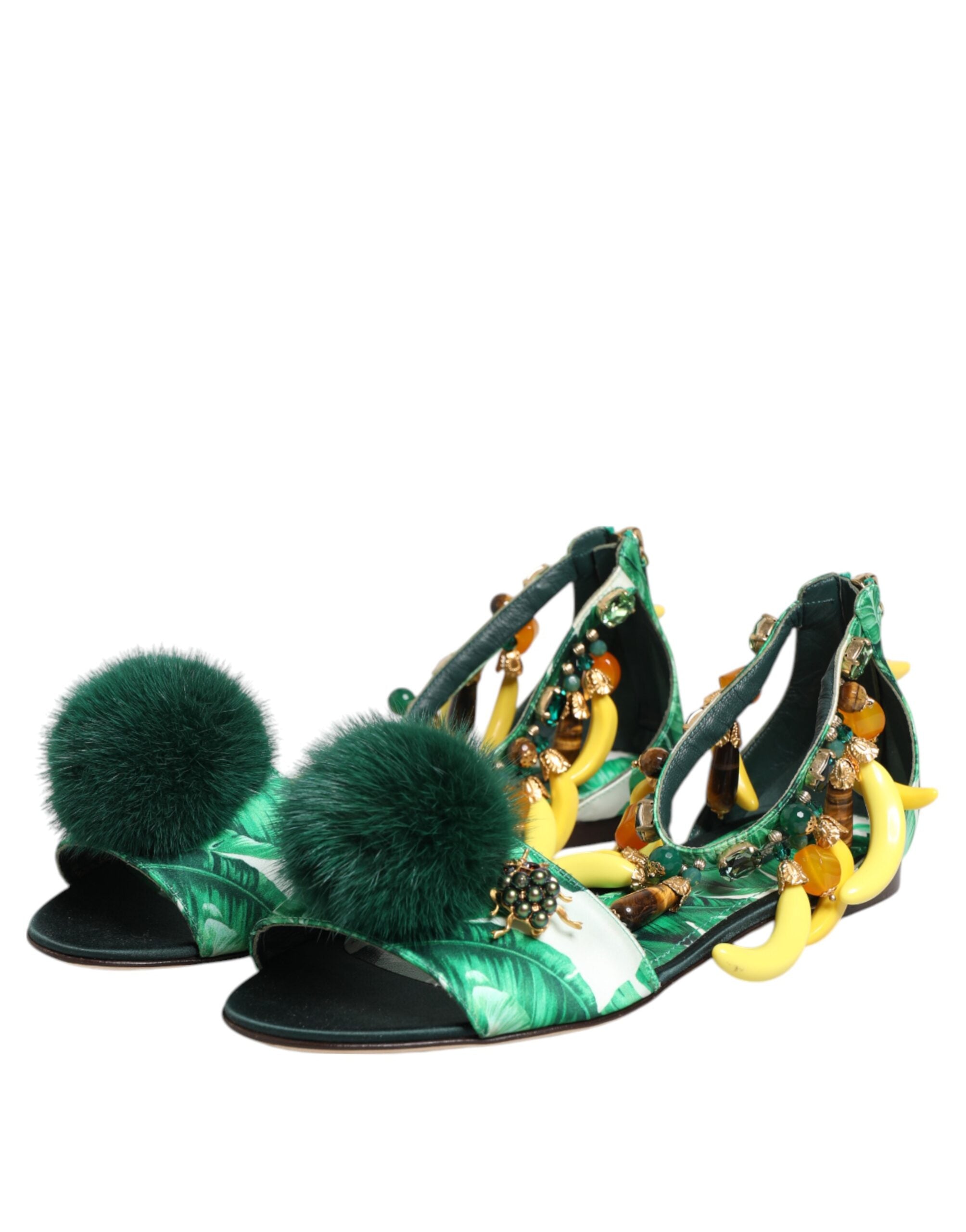 Dolce & Gabbana Green Satin Mink Fur Banana Leaf Sandals Shoes Glam Steals
