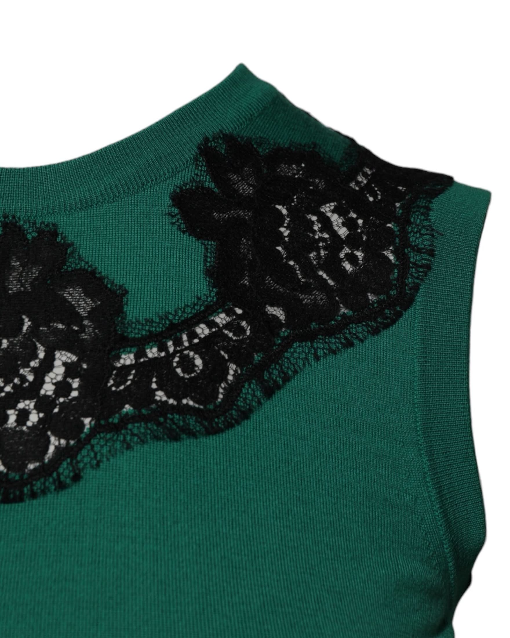 Dolce & Gabbana Green Wool Lace Detail Sleeveless Tank Top Tank Tops