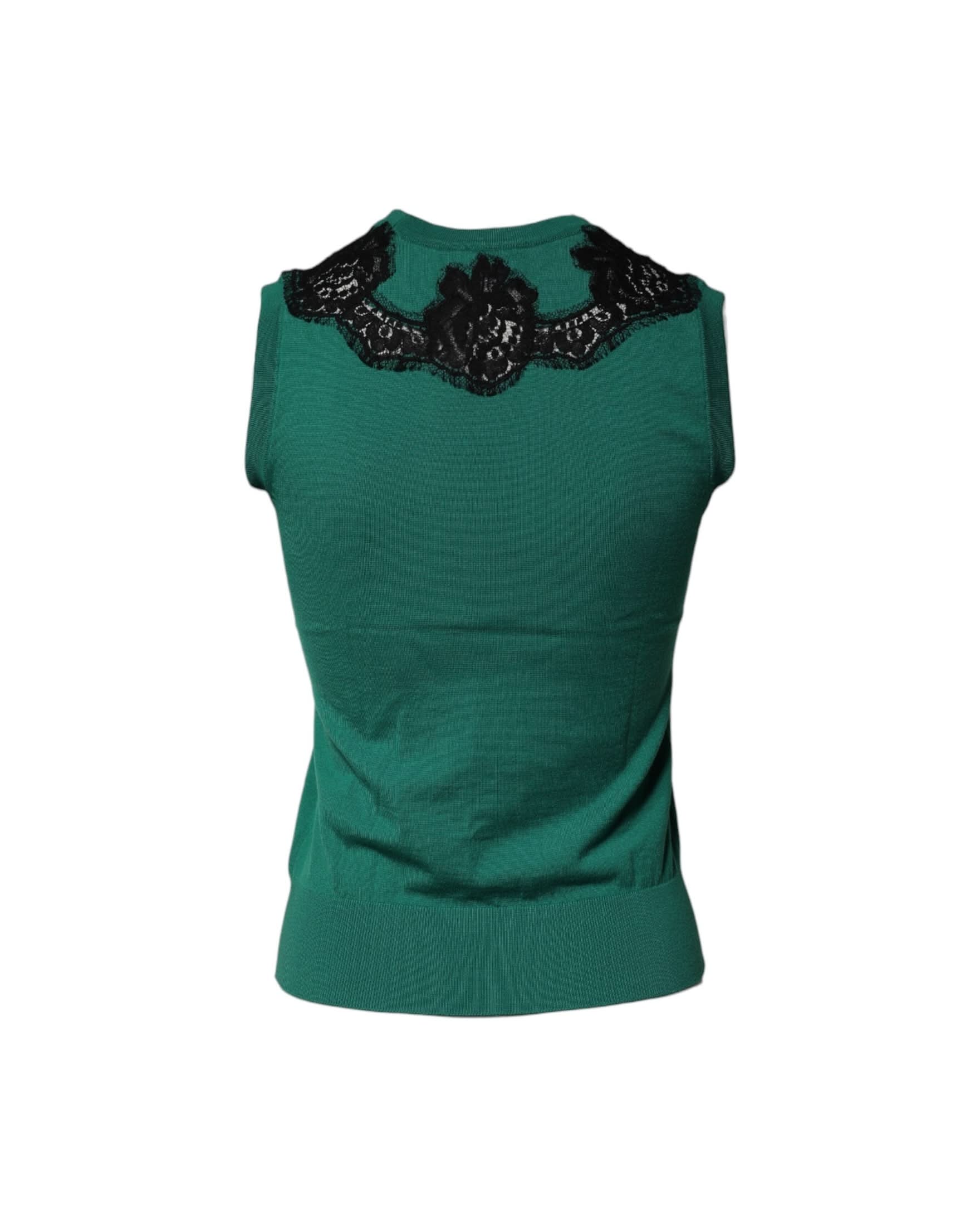 Dolce & Gabbana Green Wool Lace Detail Sleeveless Tank Top Tank Tops