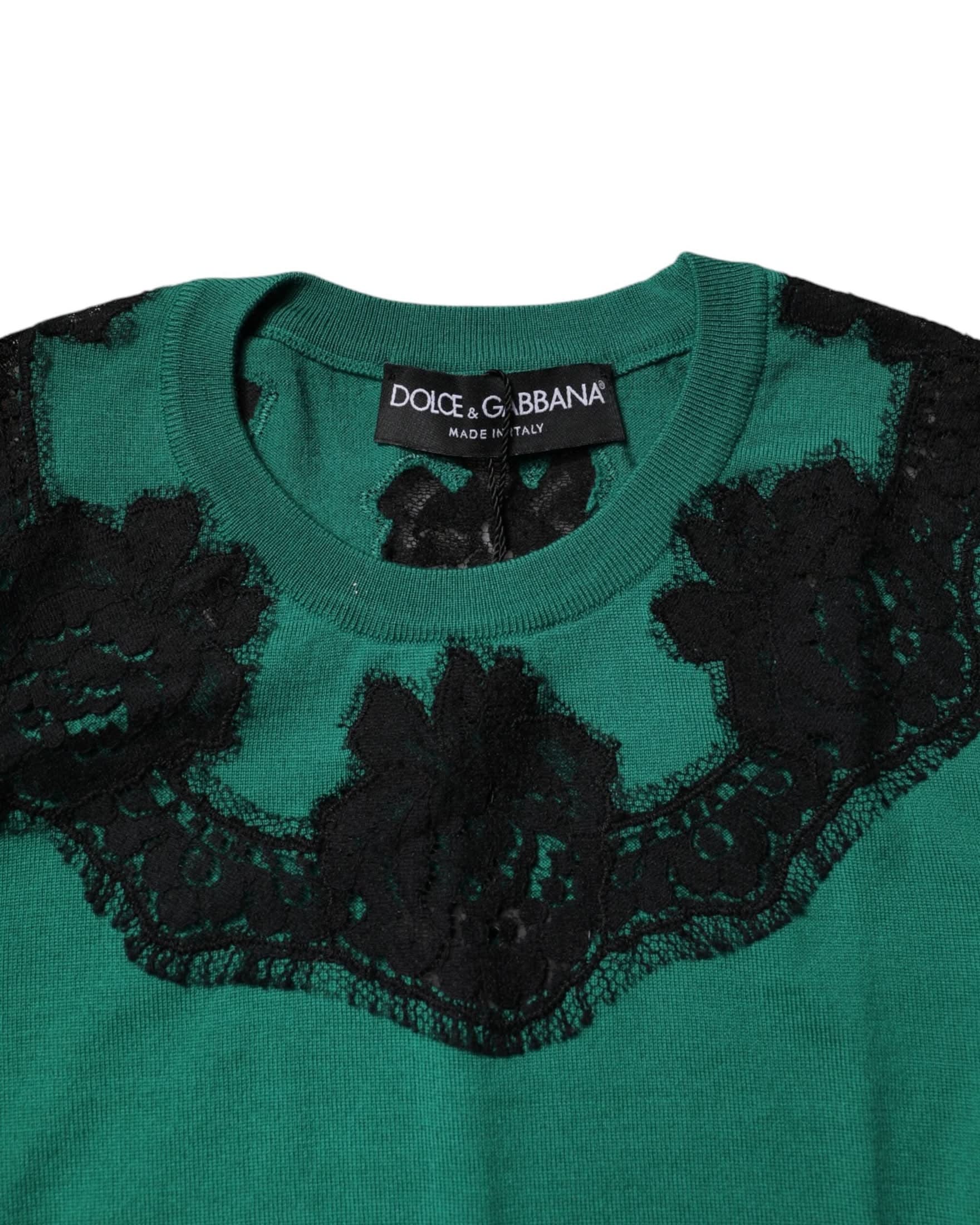 Dolce & Gabbana Green Wool Lace Detail Sleeveless Tank Top Tank Tops