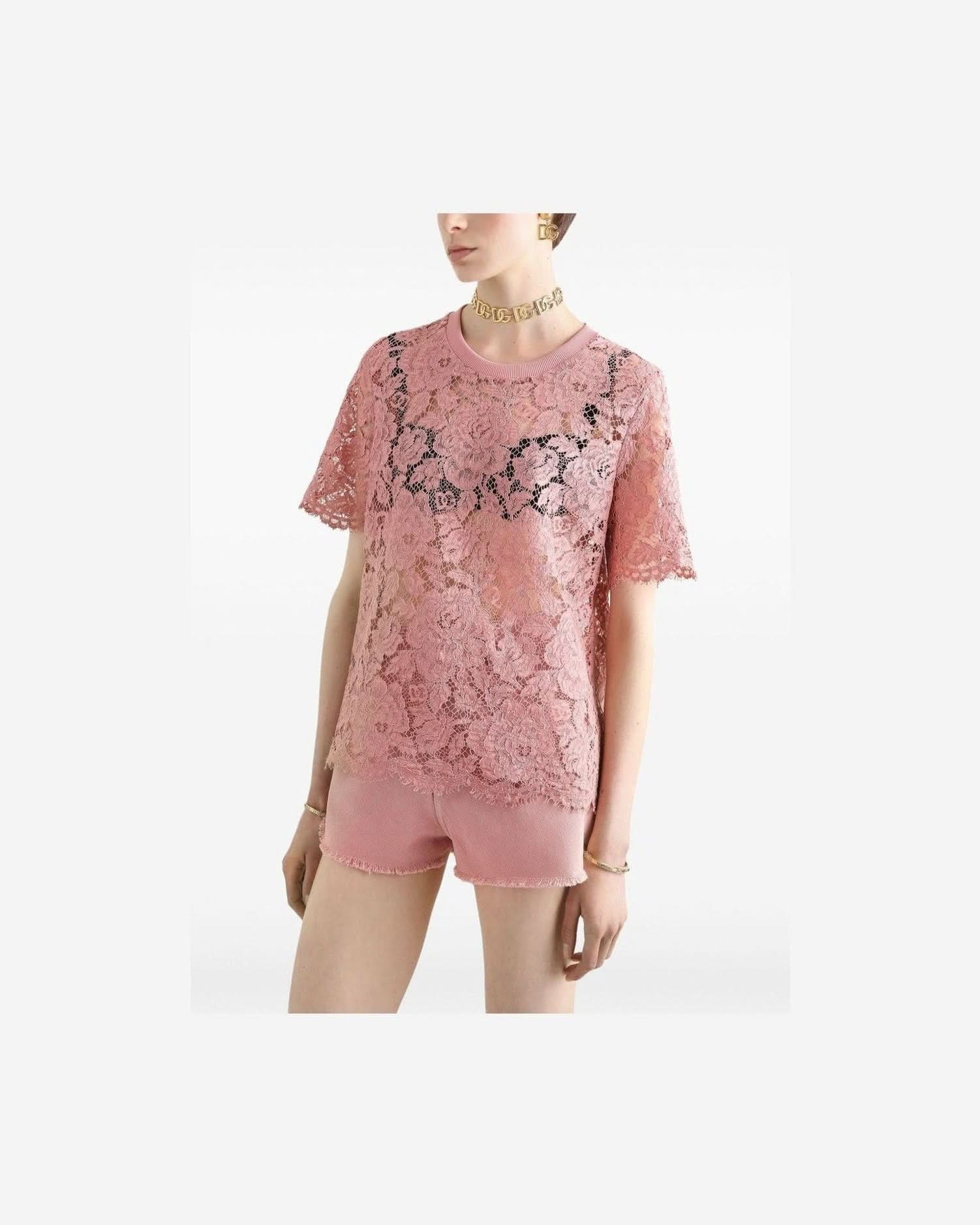 Dolce & Gabbana Lace Corded Short Sleeved T-Shirt Blouses