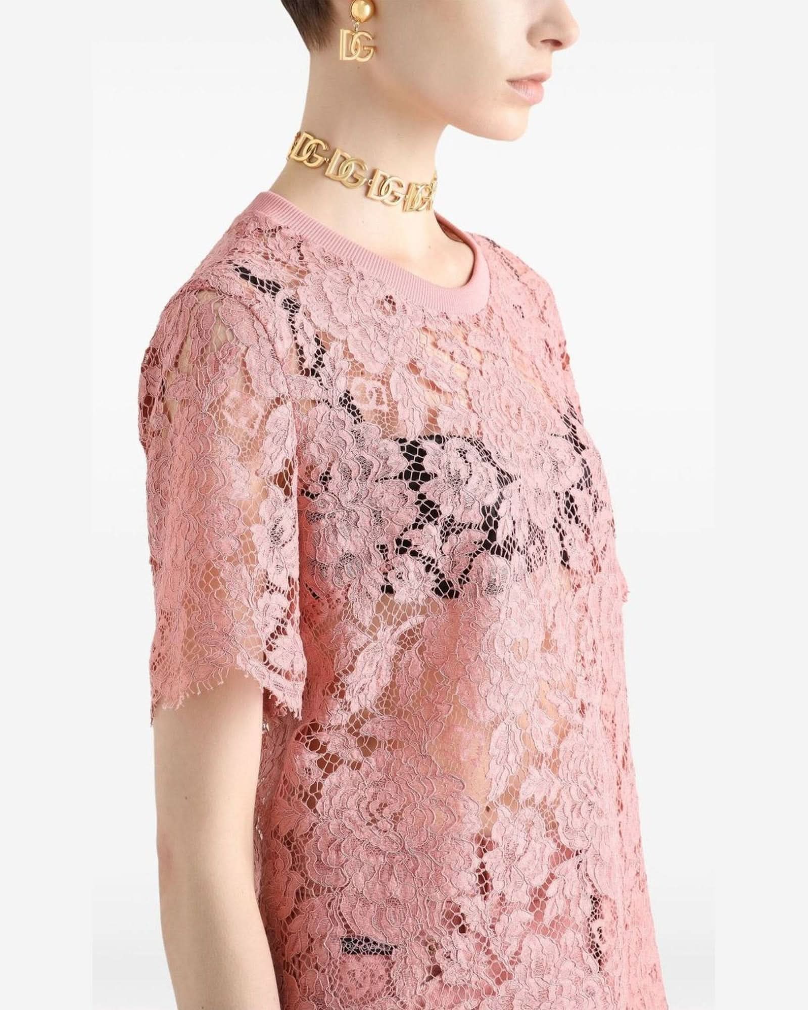 Dolce & Gabbana Lace Corded Short Sleeved T-Shirt Blouses