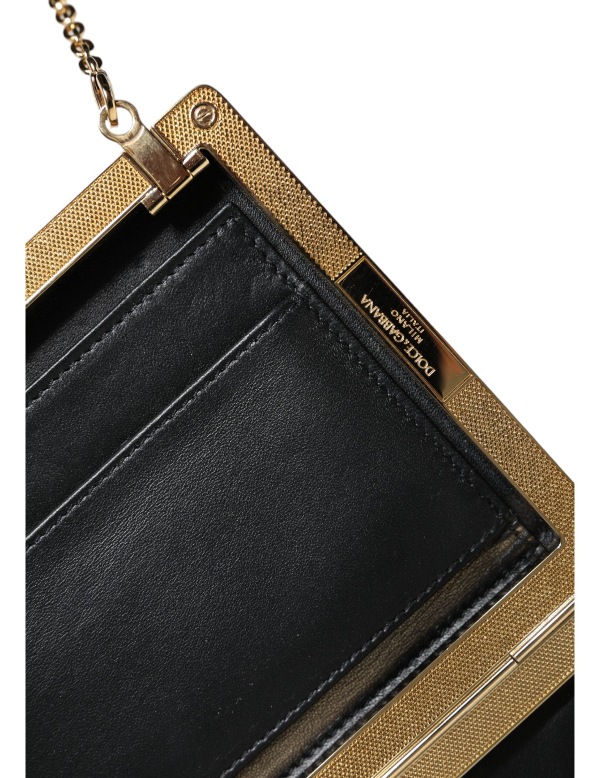 Dolce & Gabbana Leather Frame Clutch Mini Crossbody Brown Gold Bag Glam Steals
