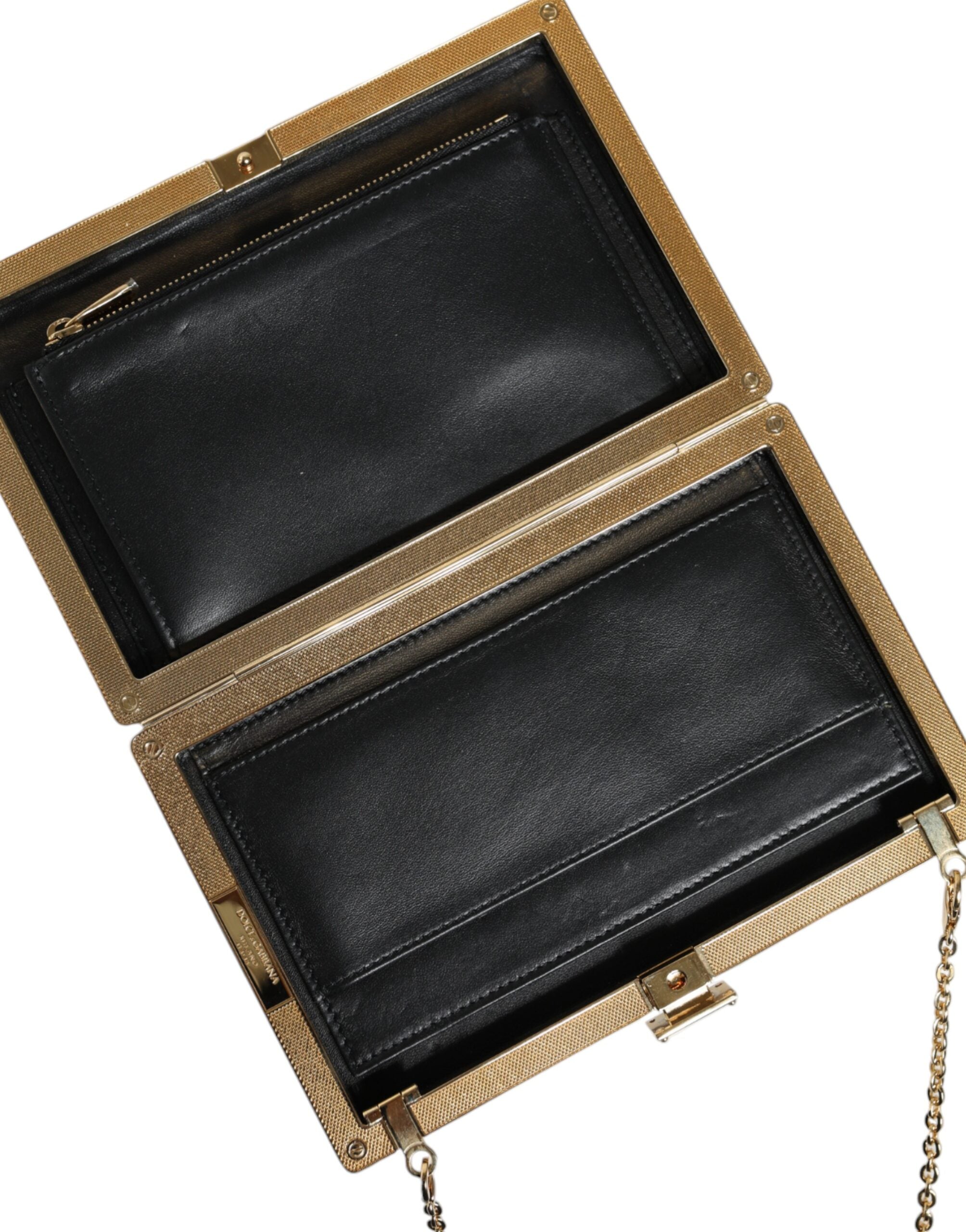 Dolce & Gabbana Leather Frame Clutch Mini Crossbody Brown Gold Bag Glam Steals