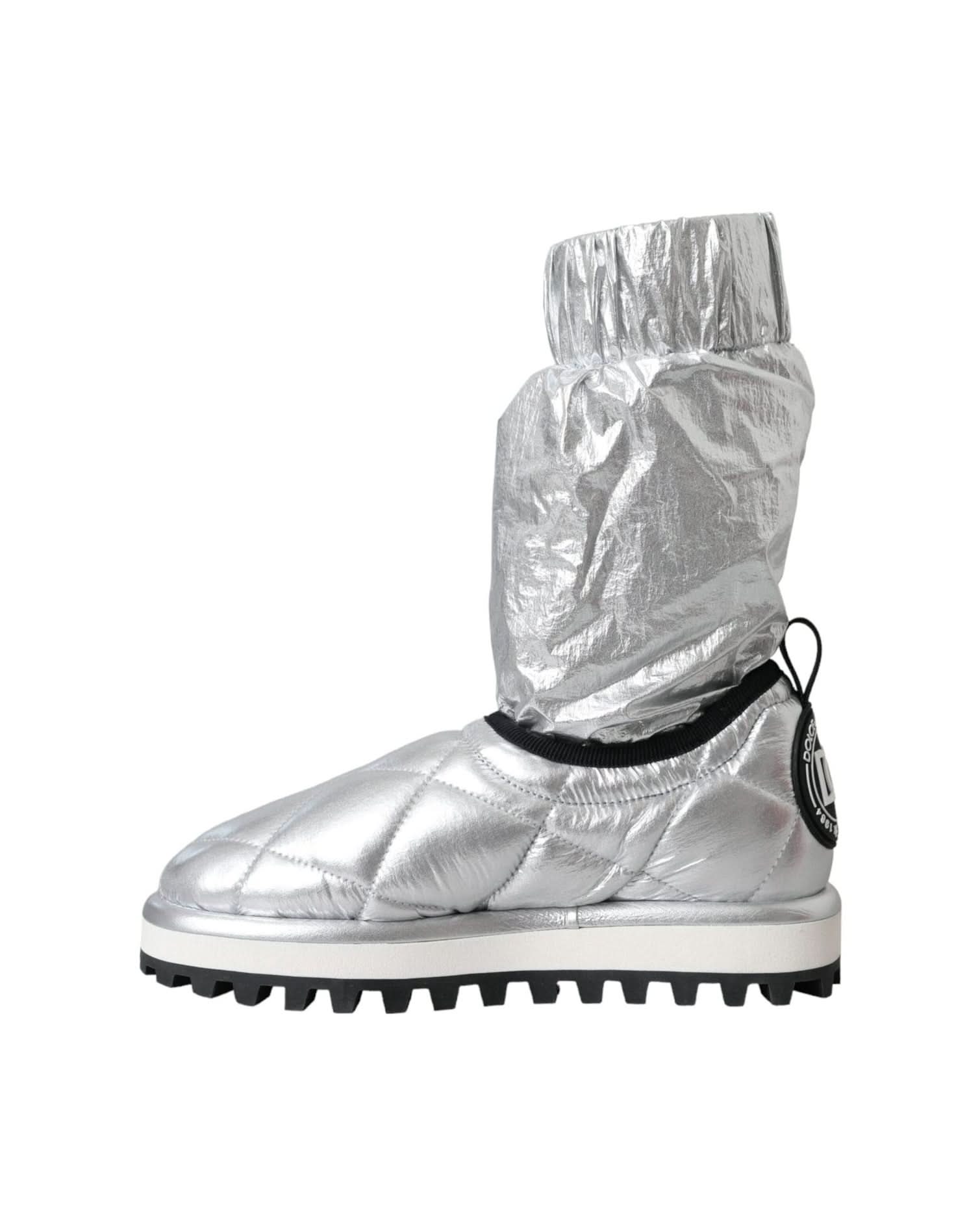 Dolce & Gabbana Silver Metallic Quilted Logo Patch Boot Shoes Boots