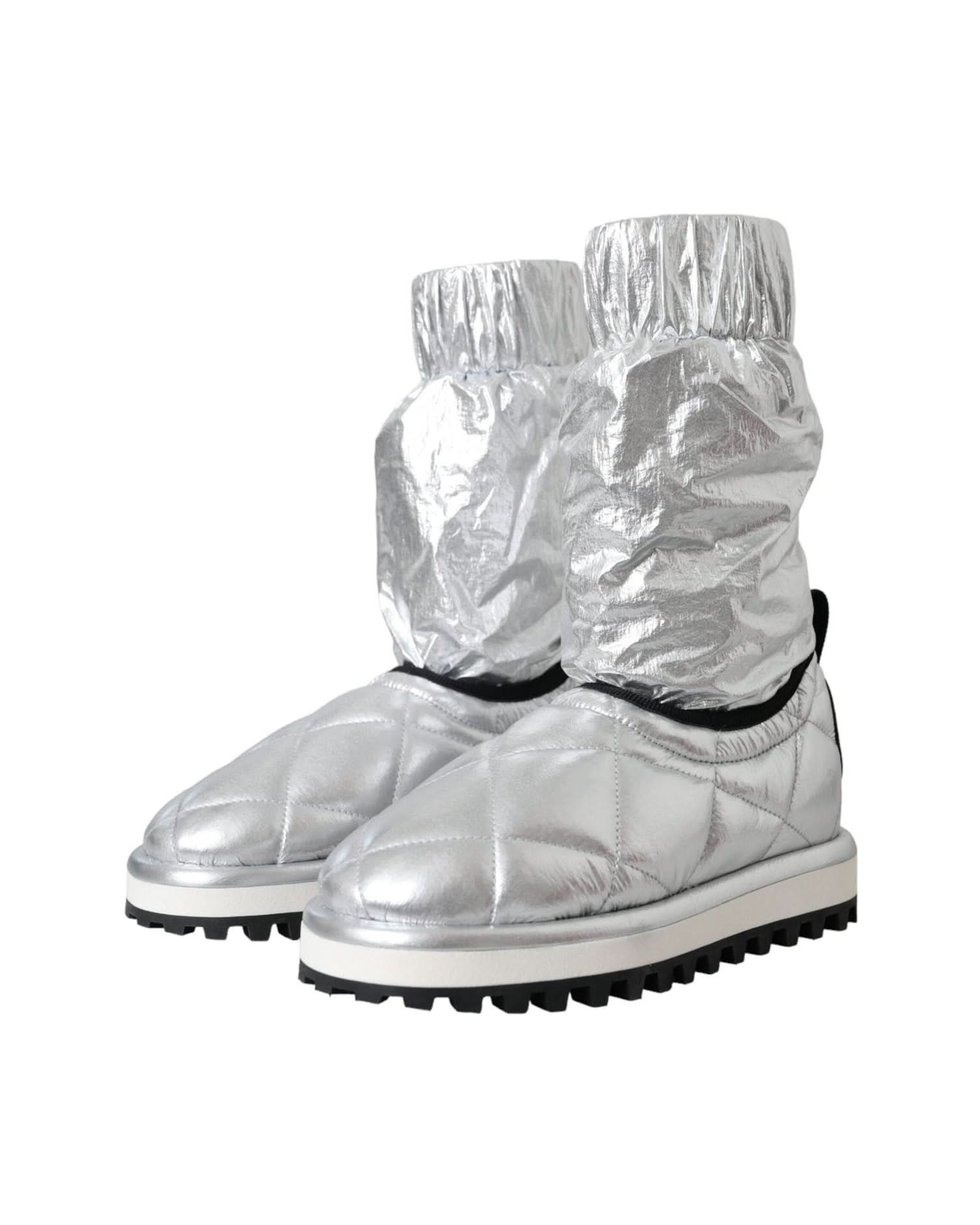 Dolce & Gabbana Silver Metallic Quilted Logo Patch Boot Shoes Boots