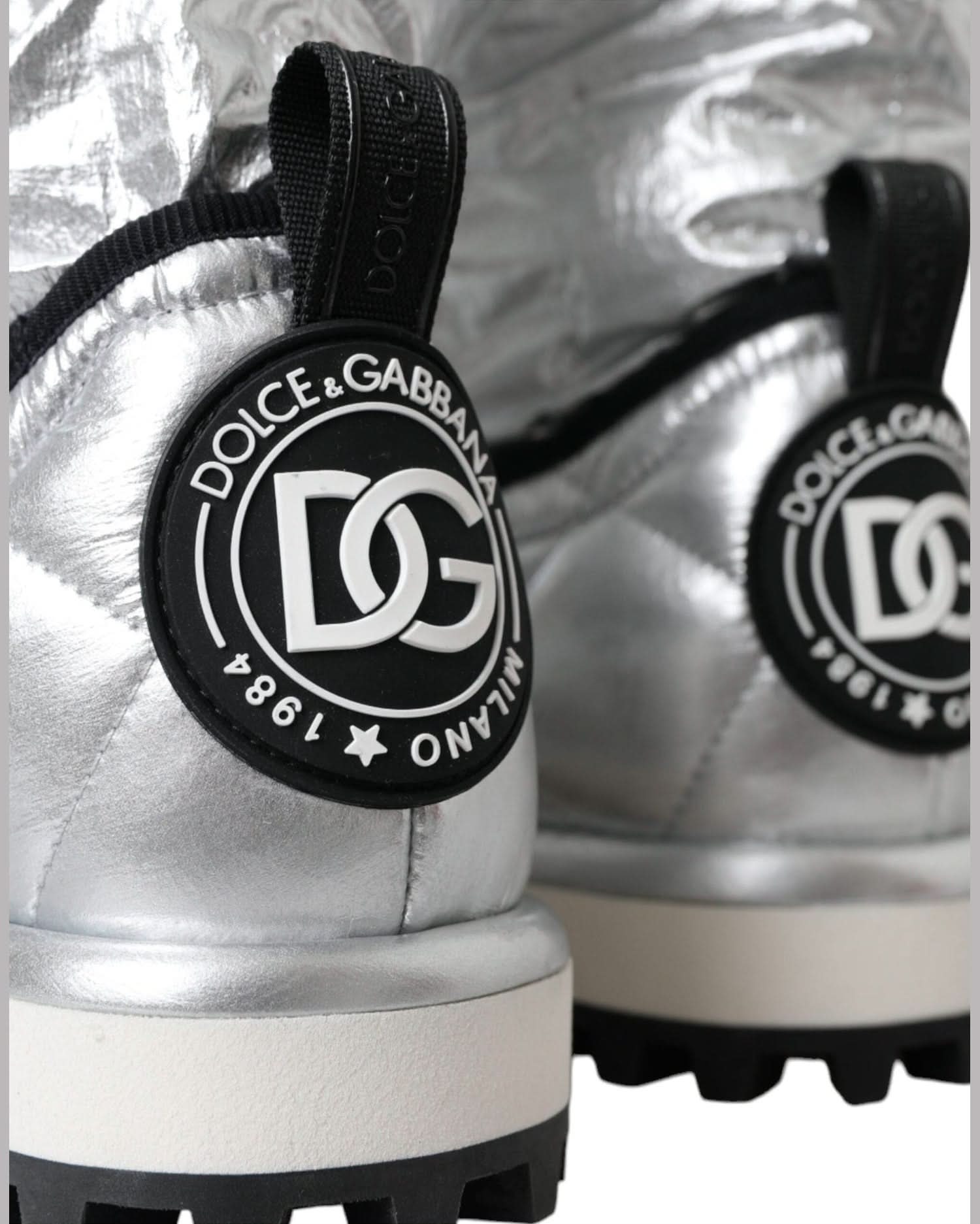 Dolce & Gabbana Silver Metallic Quilted Logo Patch Boot Shoes Boots