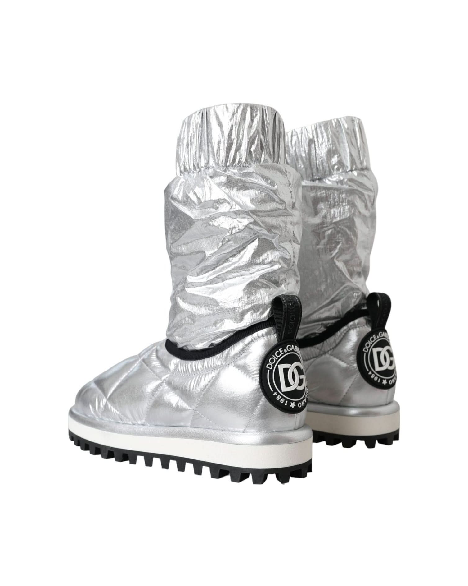 Dolce & Gabbana Silver Metallic Quilted Logo Patch Boot Shoes Boots