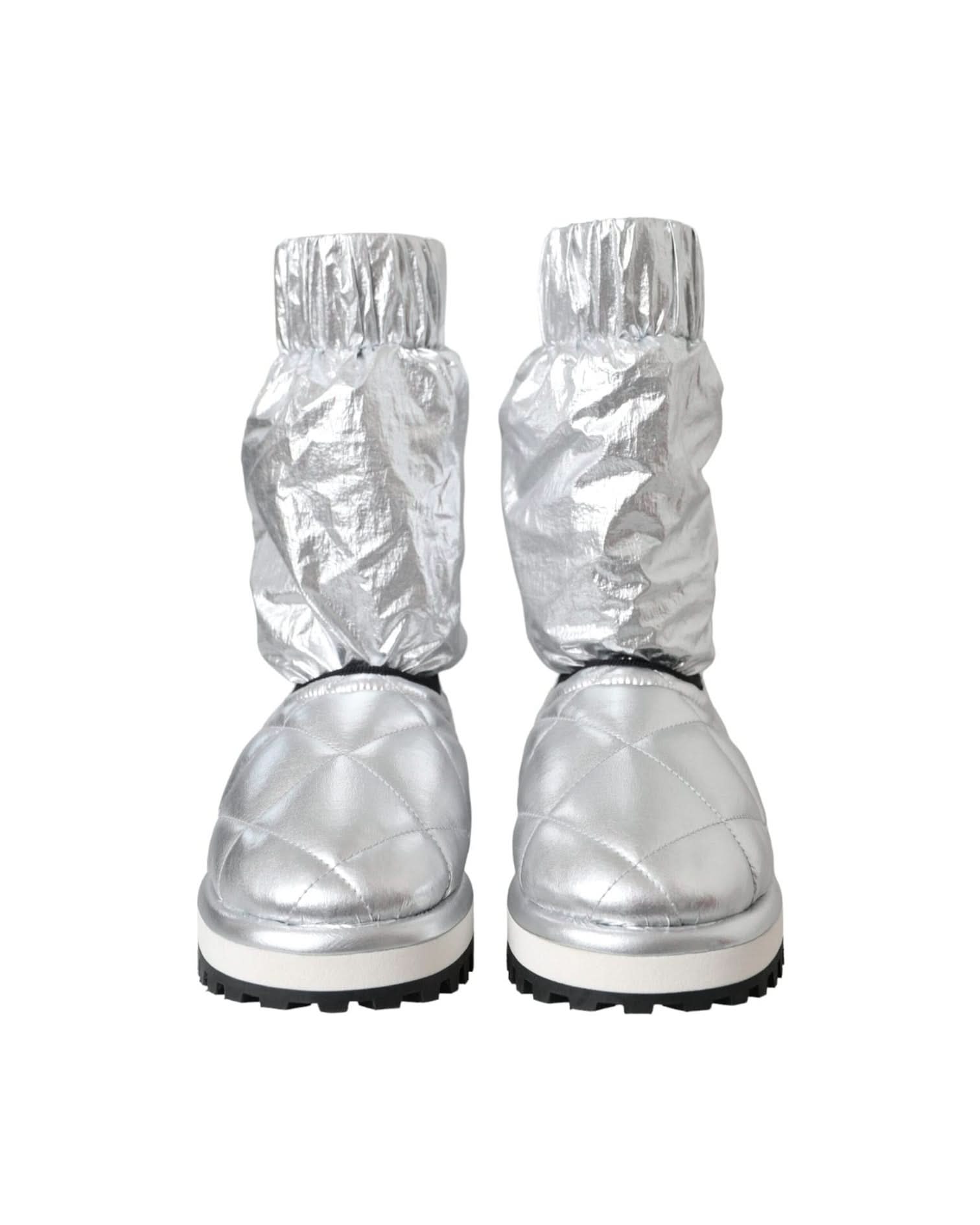 Dolce & Gabbana Silver Metallic Quilted Logo Patch Boot Shoes Boots