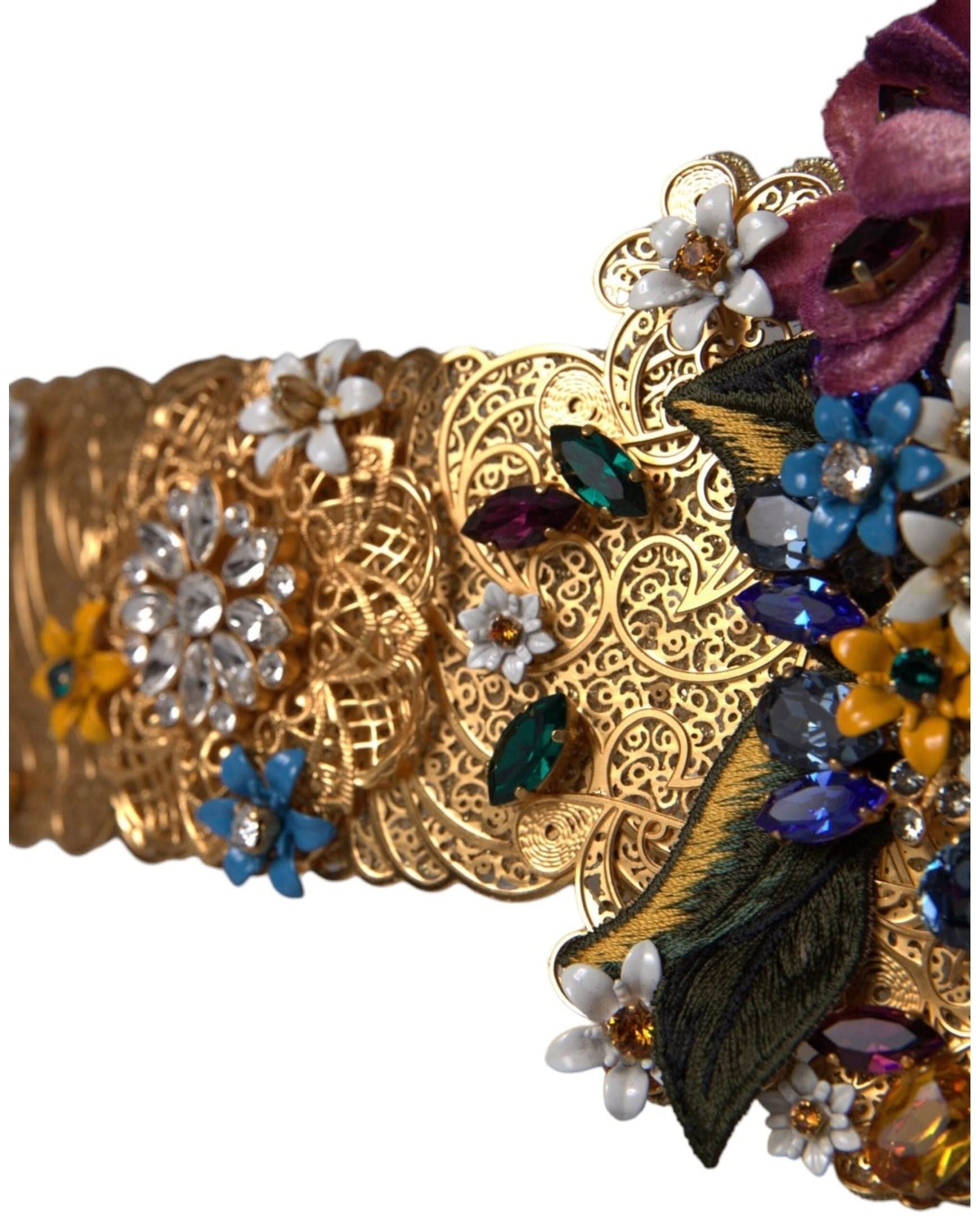 Dolce & Gabbana Multicolor Embellished Floral Crystal Wide Waist Belt Belts