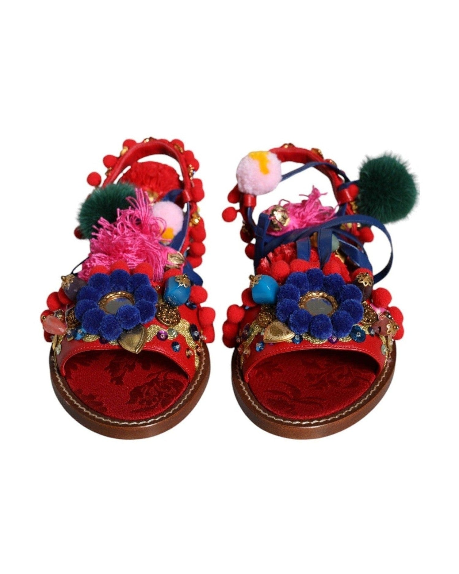 Dolce & Gabbana Multicolor Pom Pom Fur Wrap Sandals Shoes Sandals