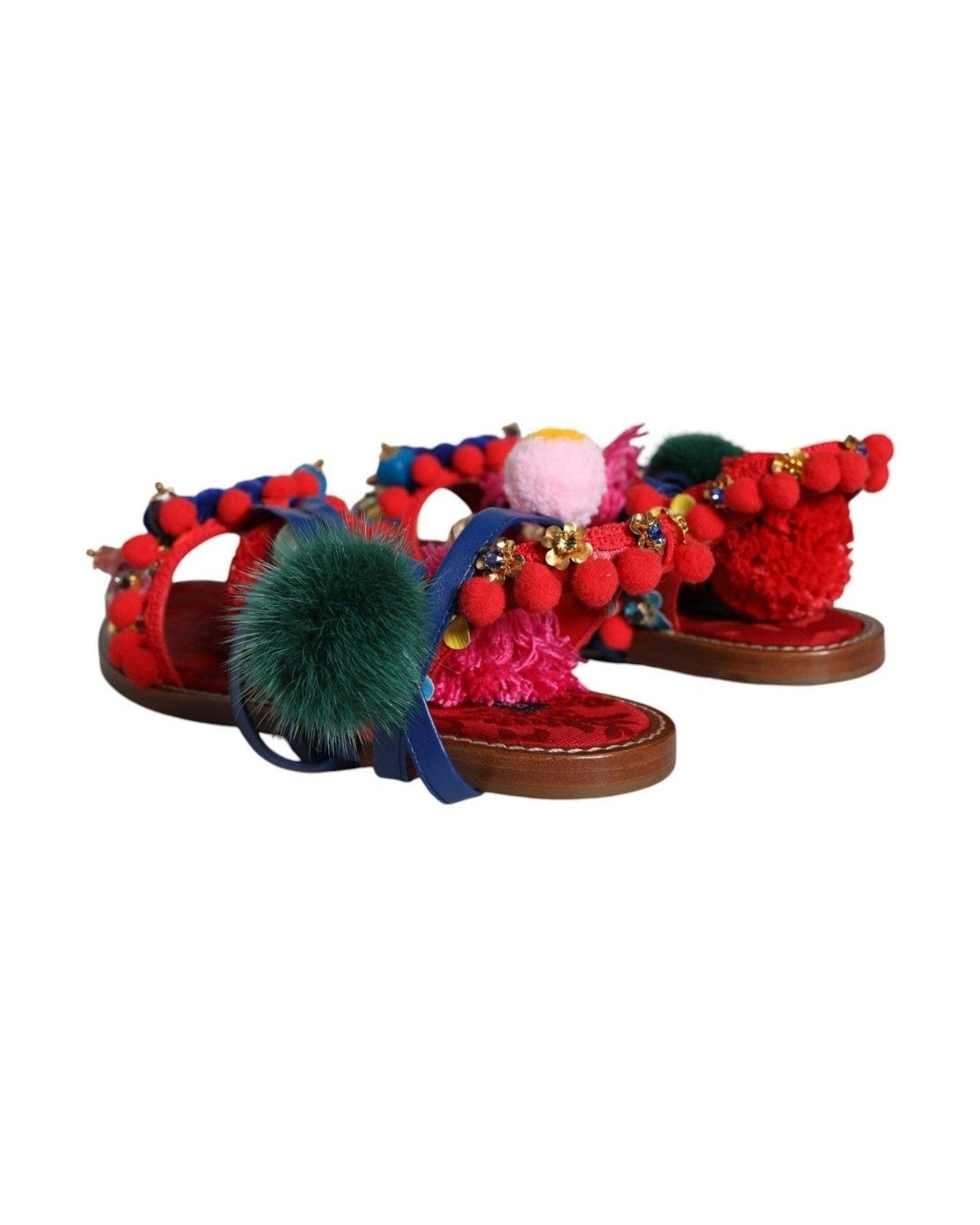 Dolce & Gabbana Multicolor Pom Pom Fur Wrap Sandals Shoes Sandals