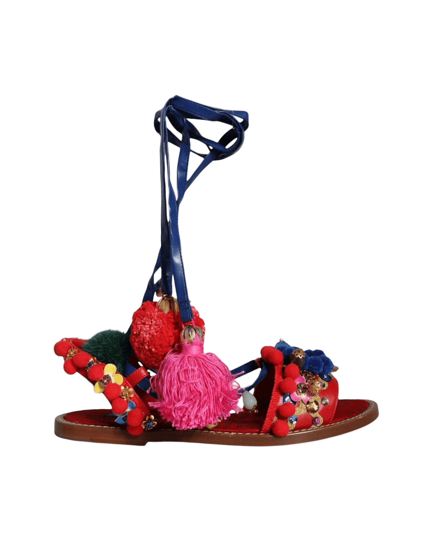 Dolce & Gabbana Multicolor Pom Pom Fur Wrap Sandals Shoes Sandals