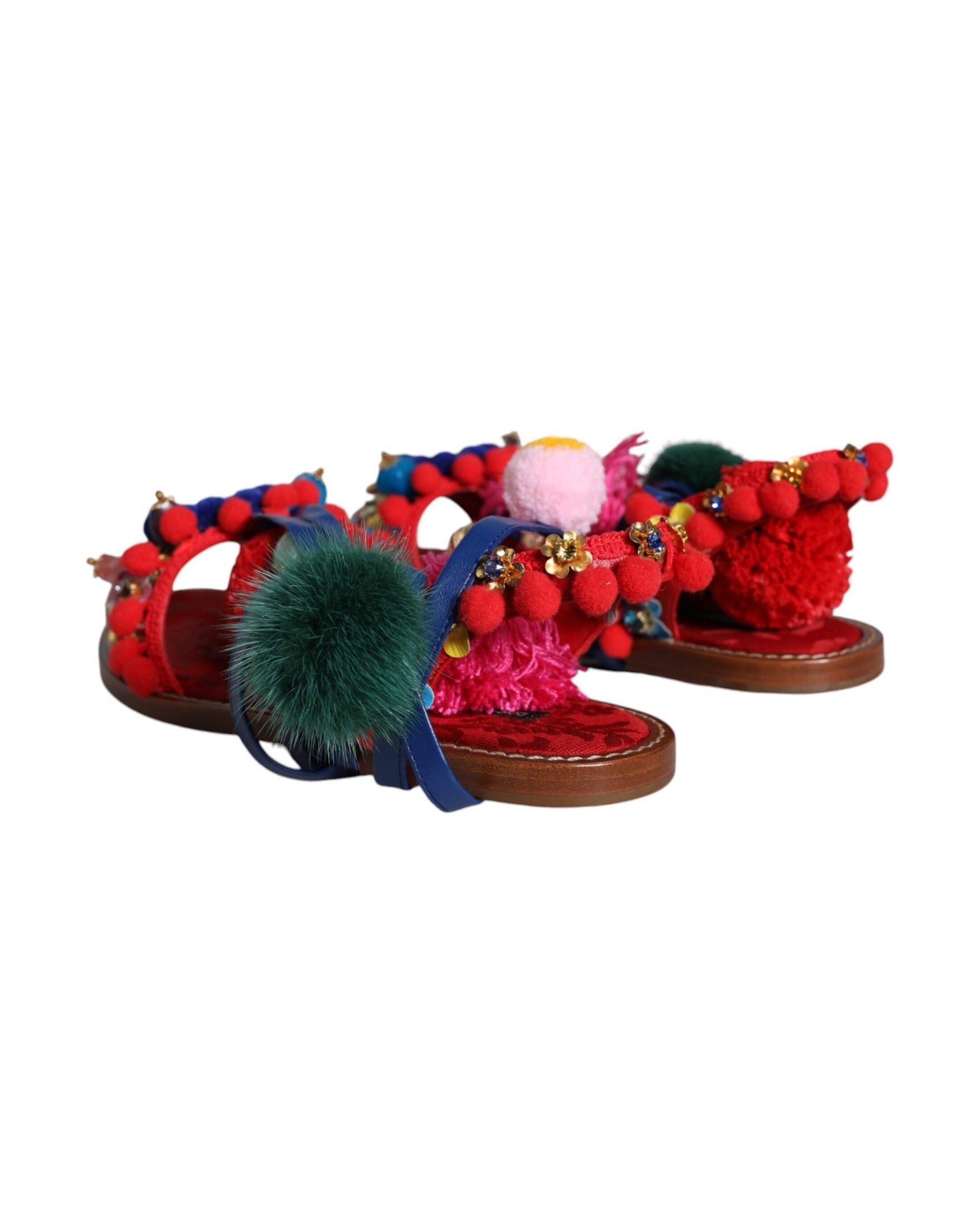 Dolce & Gabbana Multicolor Pom Pom Fur Wrap Sandals Shoes Glam Steals