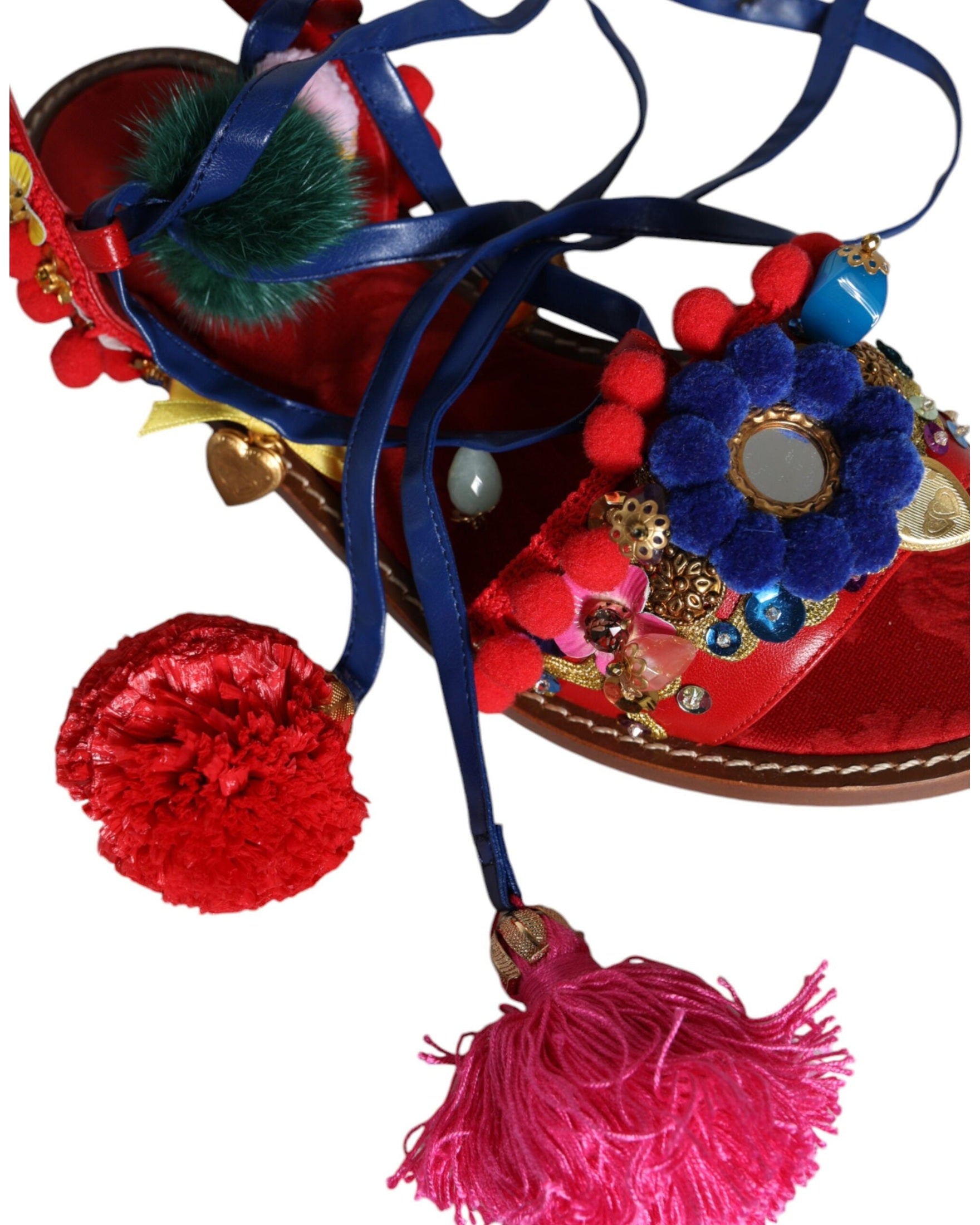 Dolce & Gabbana Multicolor Pom Pom Fur Wrap Sandals Shoes Glam Steals