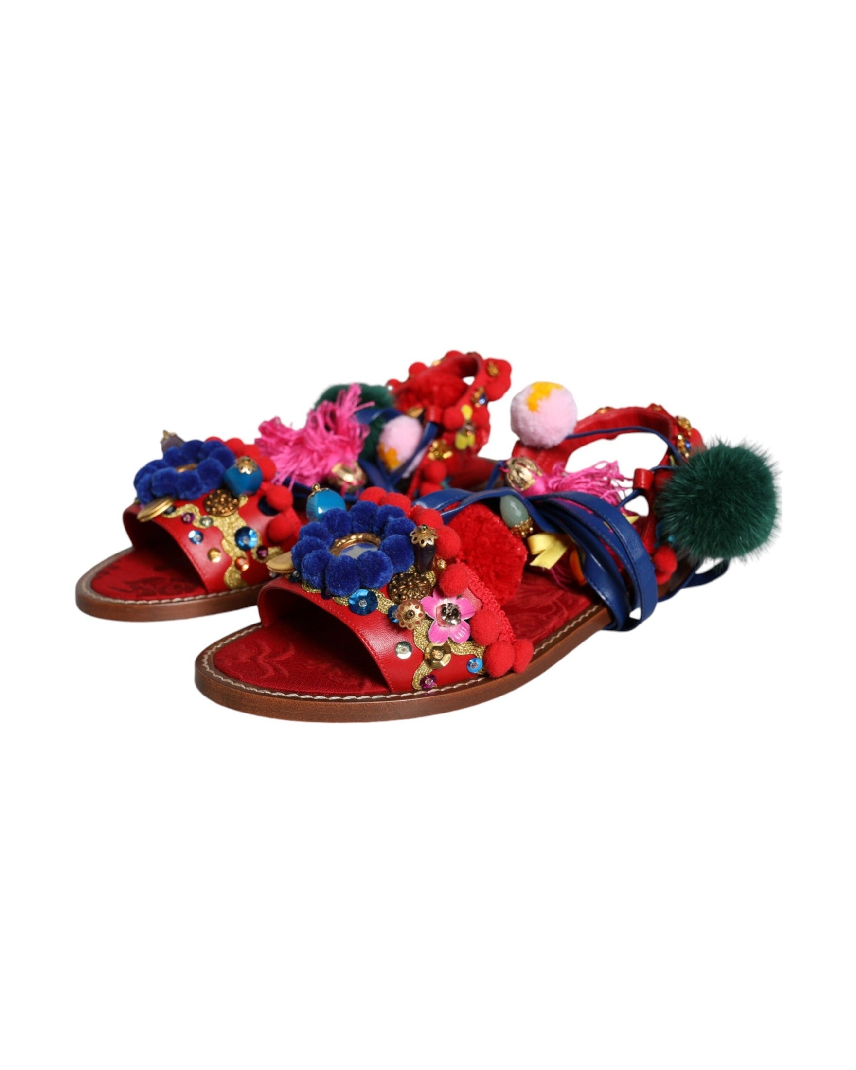 Dolce & Gabbana Multicolor Pom Pom Fur Wrap Sandals Shoes Glam Steals