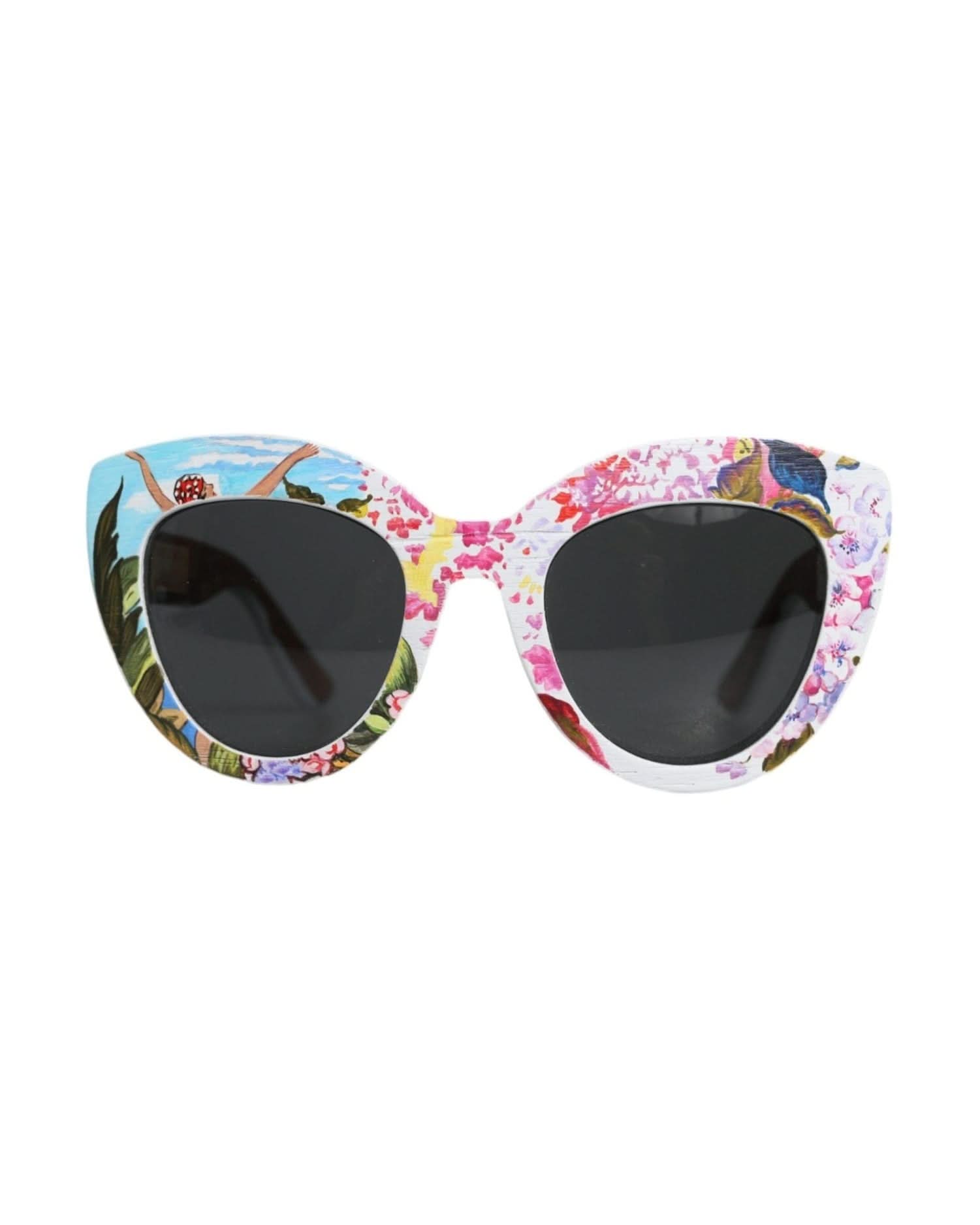 Dolce & Gabbana Multicolor Wood Crystal Brass Frame Floral Hand Paint Sunglasses Sunglasses